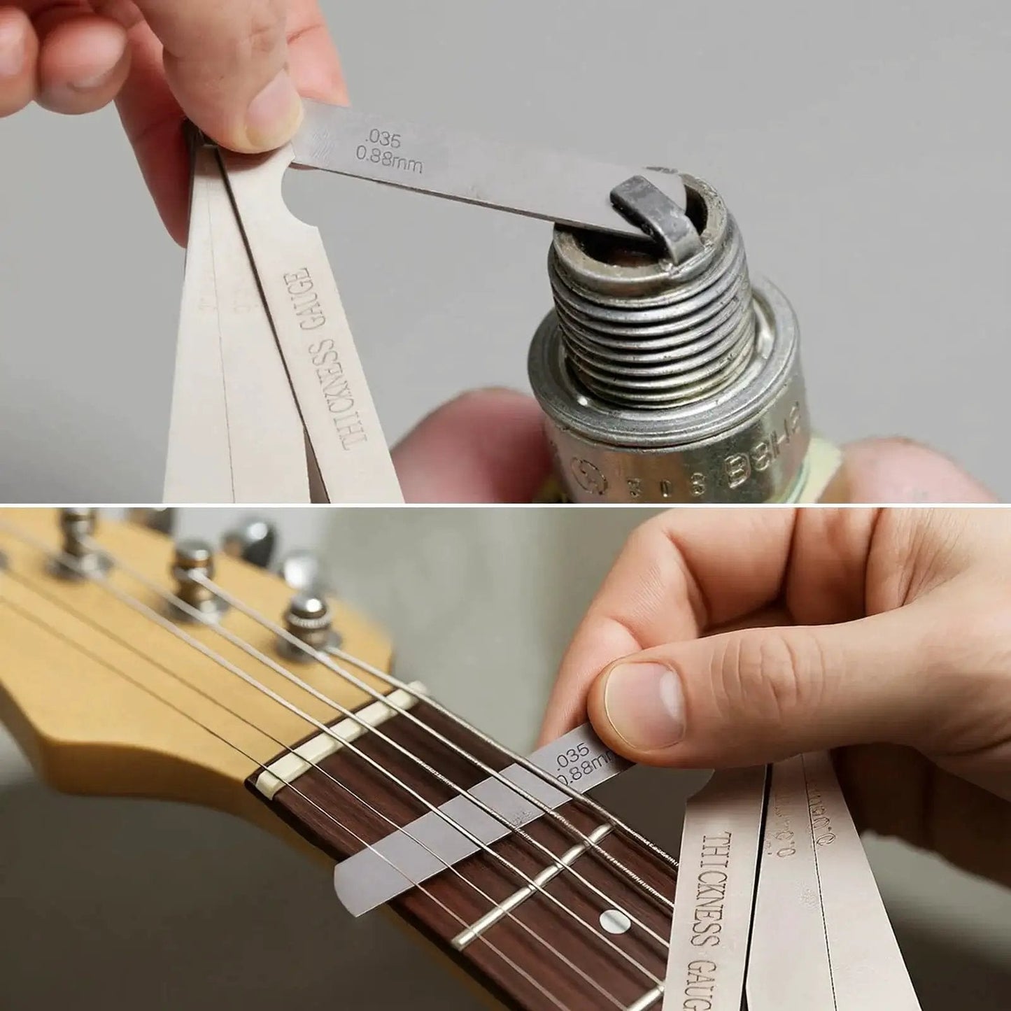 Two Piece Stainless Steel Feeler Gauges Set For Valves And Spark Plug Gaps SAE And Metric Straight 32 Blade Gauge And Angled 16 Blade Offset Gauge Thickness Measuring Tool For Valves Spark Plugs Guitar Piston used on spark plug and guitar fret.