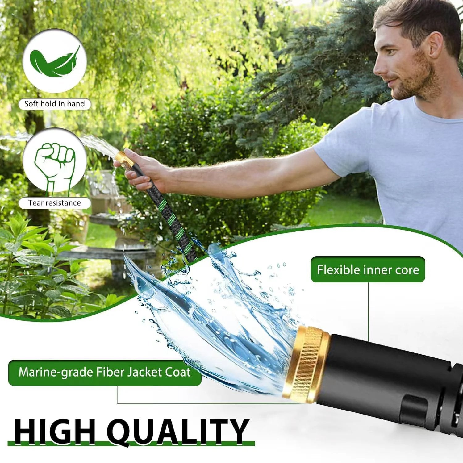 Man using Non Expanding Garden Hose With Jet Nozzle, Ultra Lightweight Fabric Hybrid Water Hose, kink resistant, with brass connectors