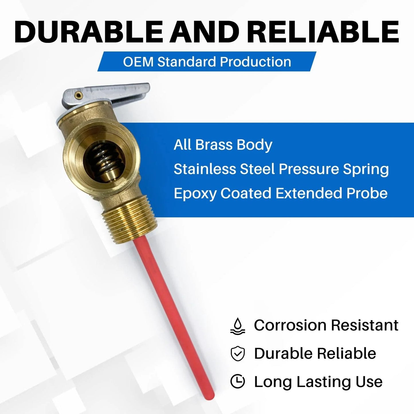 Beefed-Up Three Quarter Inch NPT Temperature And Pressure Relief Valve for RV water heaters, brass body, extended probe.