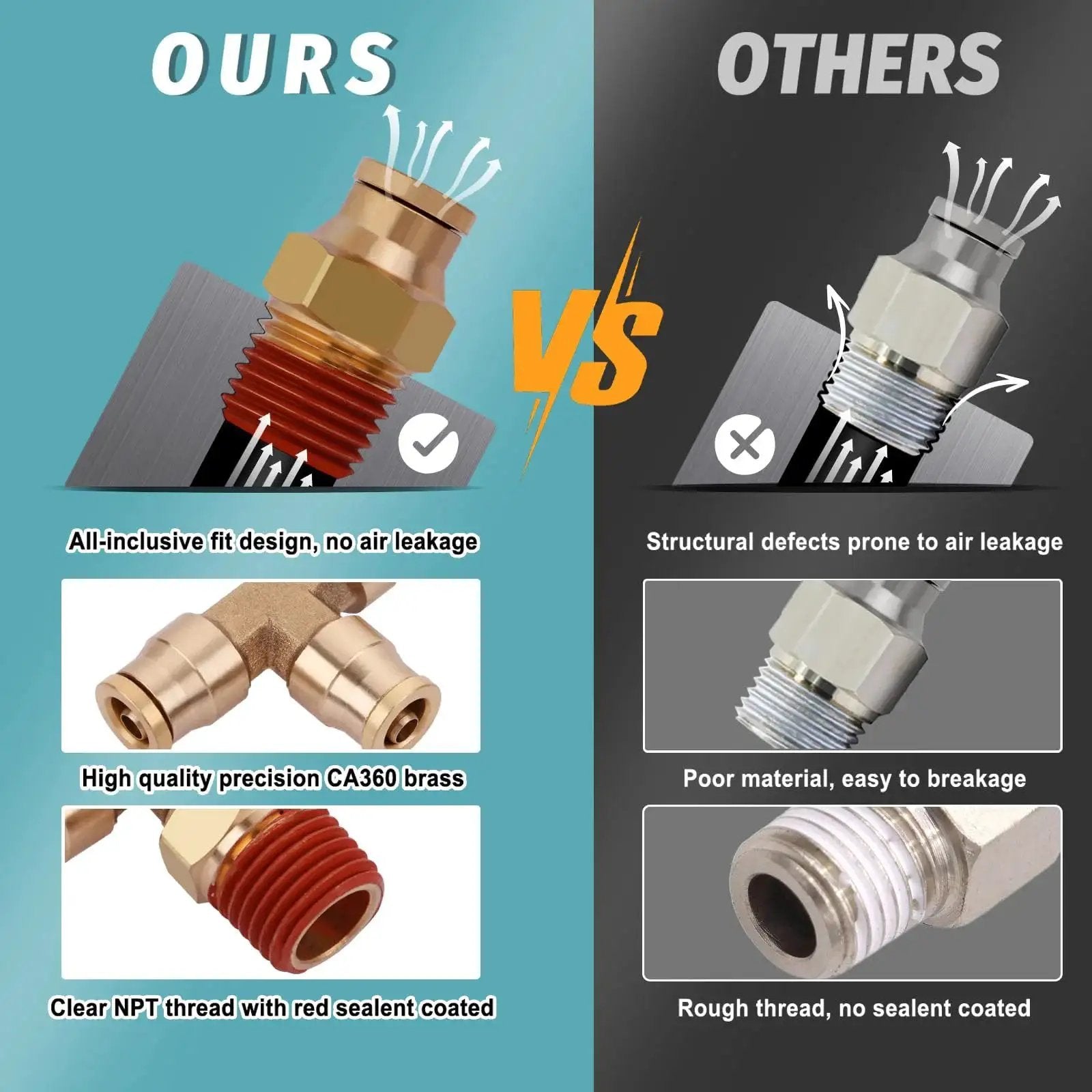 Comparison of brass fittings from Heavy Duty 50 Feet Quarter Inch Air Hose 11 Piece Push To Connect Fittings Kit