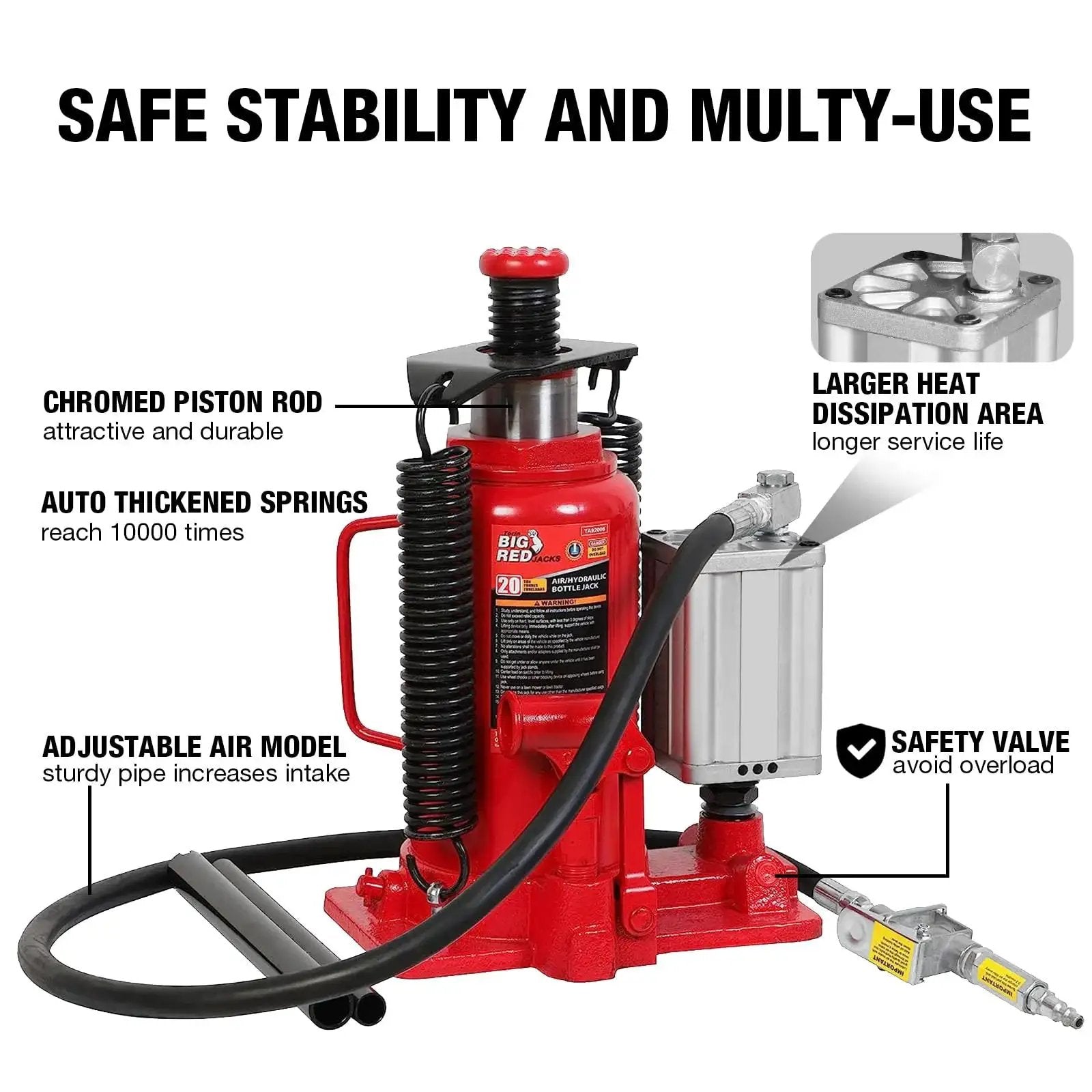 Red 20 Ton Pneumatic Bottle Jack Aluminum Alloy Quick Lift With Long Lifespan featuring safety valve and adjustable air model