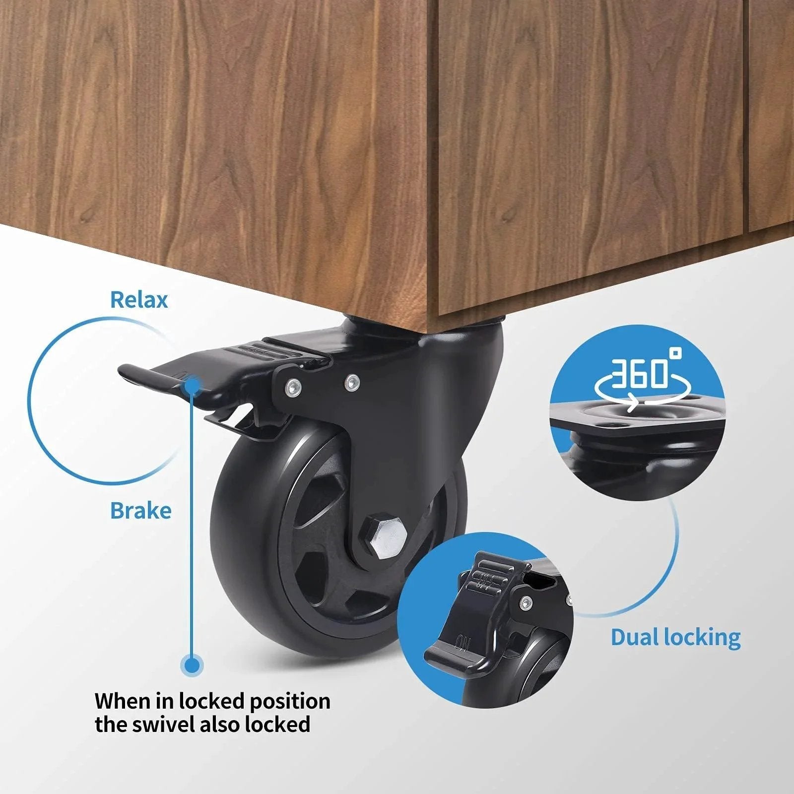 5 Inch Swivel Caster Wheels Set Of 4 Heavy Duty With Brakes Dual Lock 2200 Lbs Capacity Top Plate Industrial Casters installed on furniture