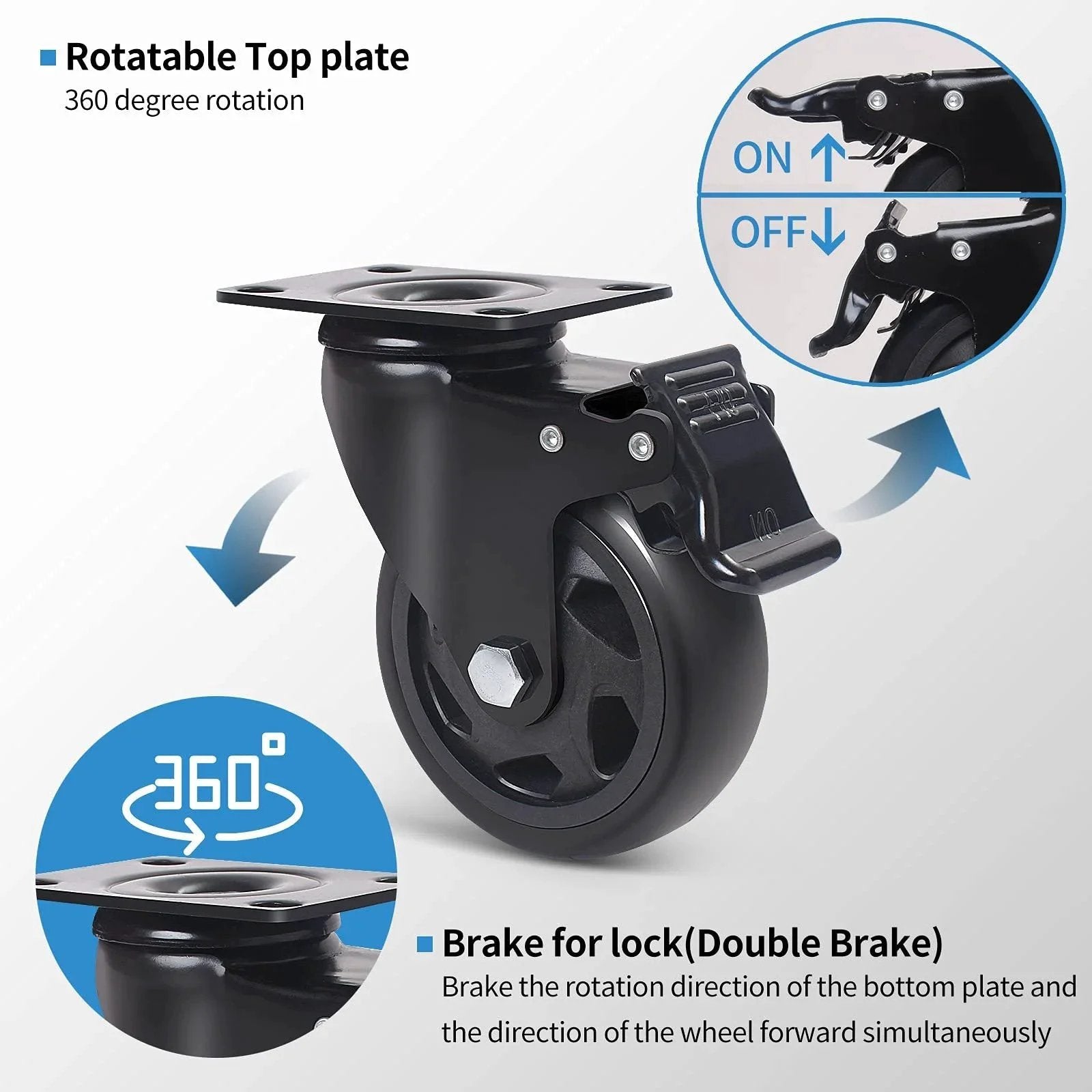 5 Inch Swivel Caster Wheels Set Of 4 Heavy Duty With Brakes Dual Lock 2200 Lbs Capacity Top Plate Industrial Casters 360 Degree Rotation
