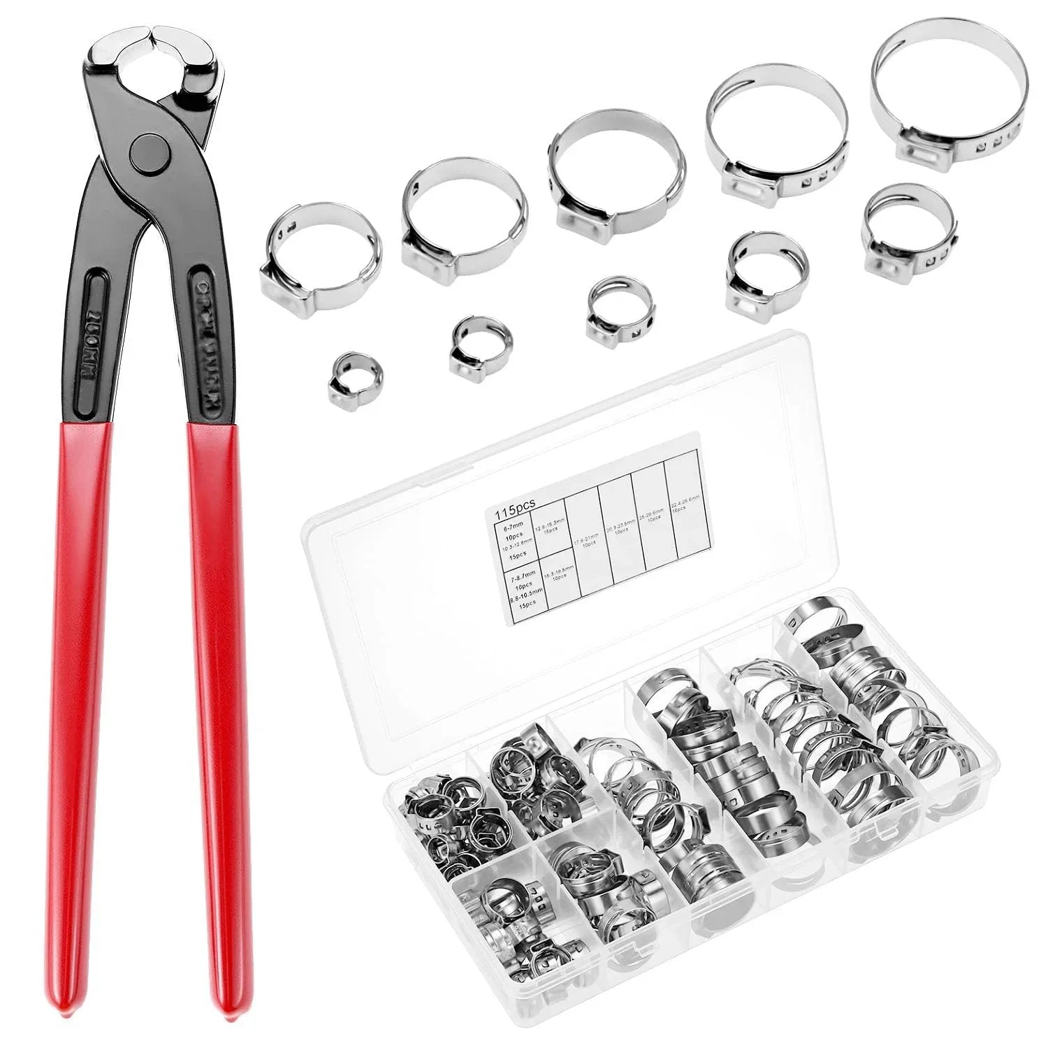 116 Pcs 304 Stainless Steel Ear Hose Clamp Assortment Kit With Pincer 6 Mm To 28.6 Mm Single Ear Stepless Crimp Clamps displayed