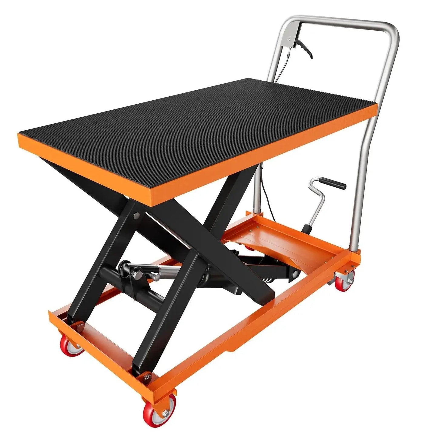 1100 Lbs Lift Table Cart With Locking Wheels And Non Slip Pad 28.5 In Height, steel hydraulic lift showing orange frame and handles