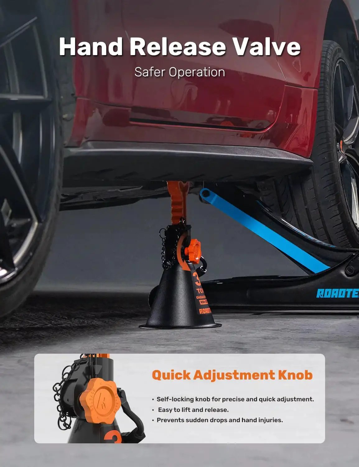 3 Ton Jack Stands With Integrated Steel Base And Double Locking For SUV lifting a red vehicle with hand release valve and quick knob.