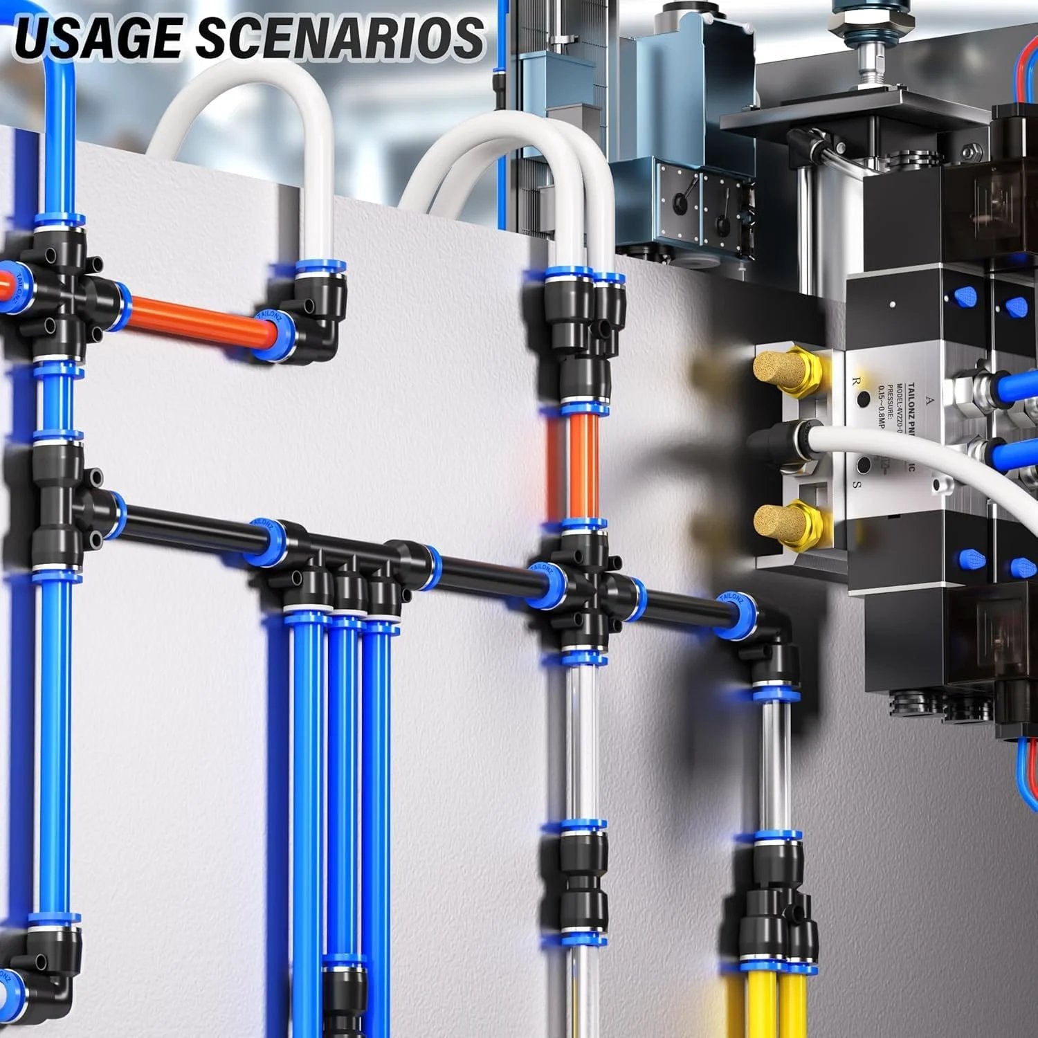 One Quarter Inch Push To Connect Pneumatic Fittings Kit With Sixty Pieces Including Ten Tees Ten Elbows Ten Straights Ten PPF And Ten PP Fittings For PU Nylon Soft PE Tubing High Pressure Air Up To 145 PSI Easy Install being used in a high-pressure installation scenario on a wall.
