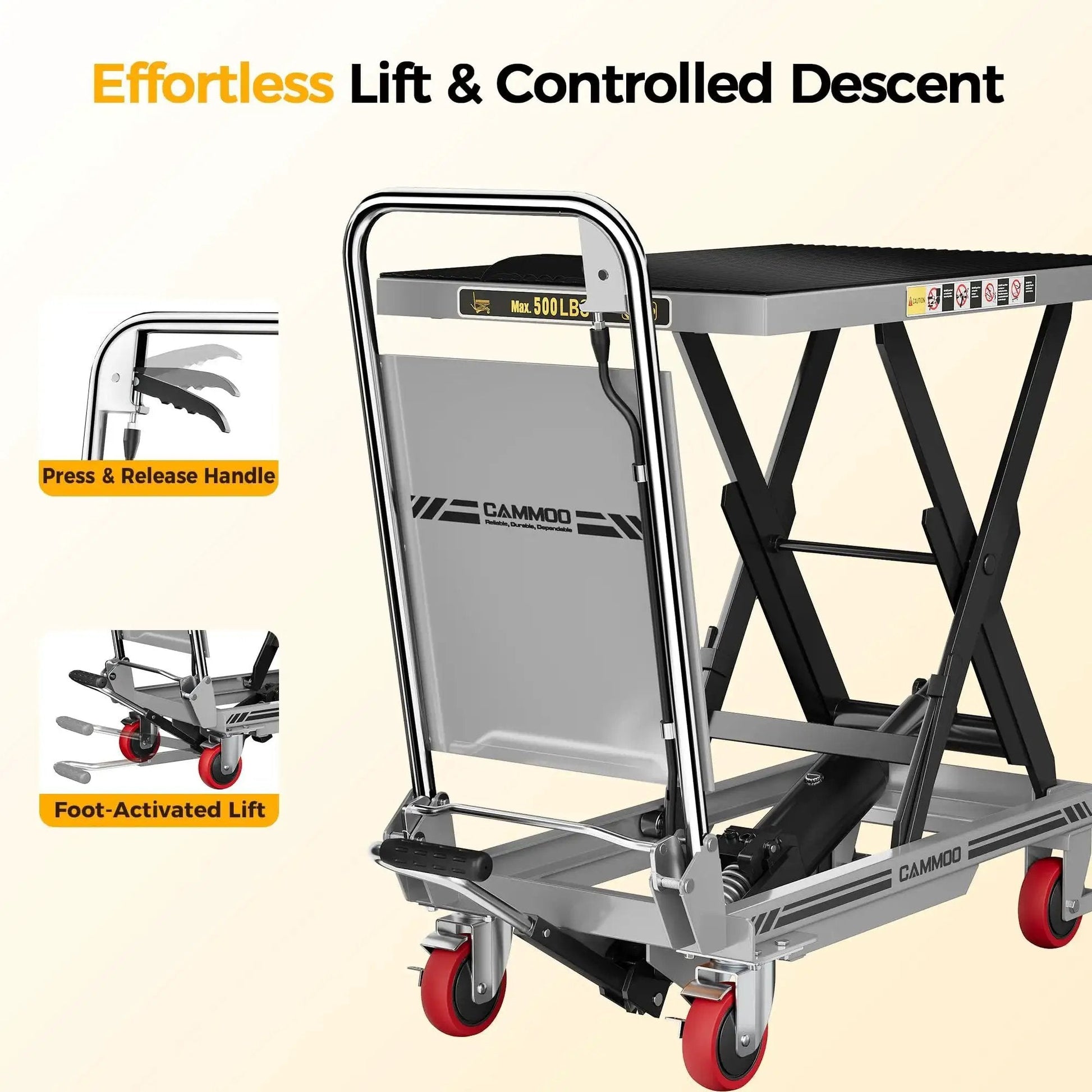 Hydraulic Lift Table Cart 500 Lb 28.5 Inch Lift Foldable Handle Safety Guard with foot and press release controls