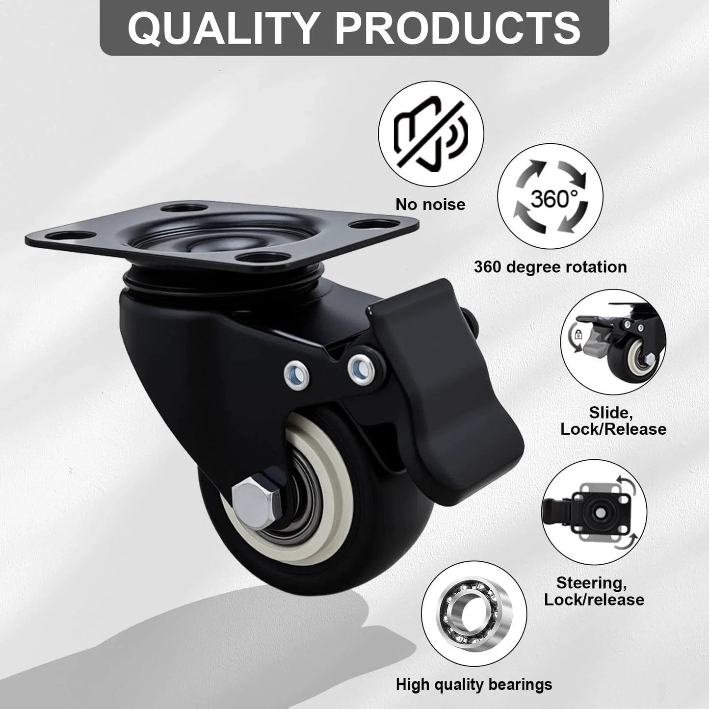2 Inch Wheel Casters Set Of 4 Heavy Duty Locking Polyurethane Wheels With Brakes No Noise 360 Degree Swivel For Furniture