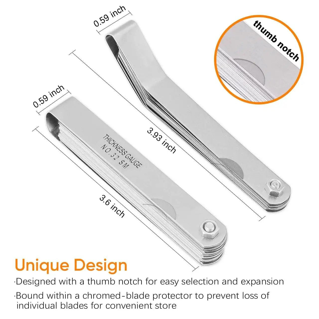 Two Piece Feeler Gauge Set With 32 Blade Main Gauge And 16 Blade Offset Gauge Dual Marked SAE And Metric Sizes For Precise Mechanical Clearance Measurements Made From 65 Manganese Steel For Tough Wear Resistance And Elasticity, showing design details with thumb notches and dimensions.