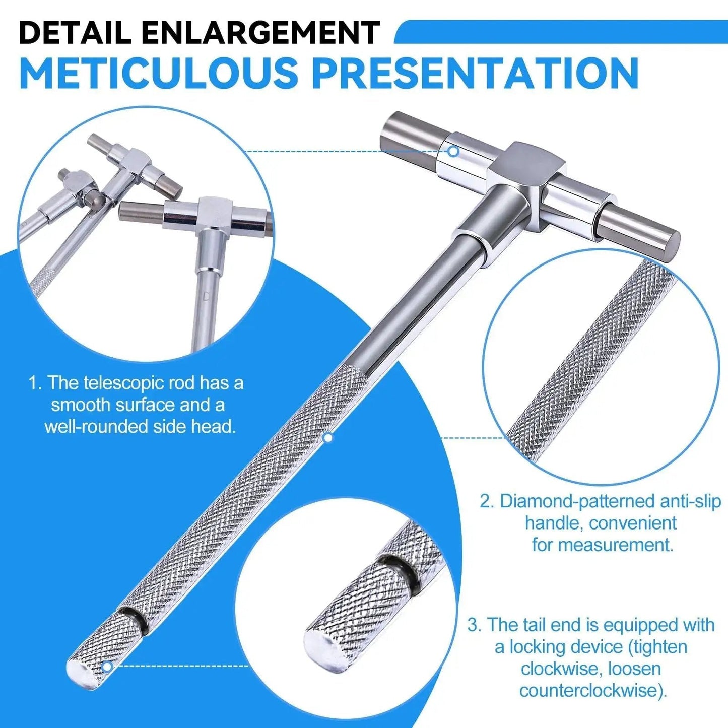 Six Piece Bore Hole Gauges Set 5/16 To 6 Inches With Smooth Action Telescoping Gauge and Lock, close-up details of handle and lock.