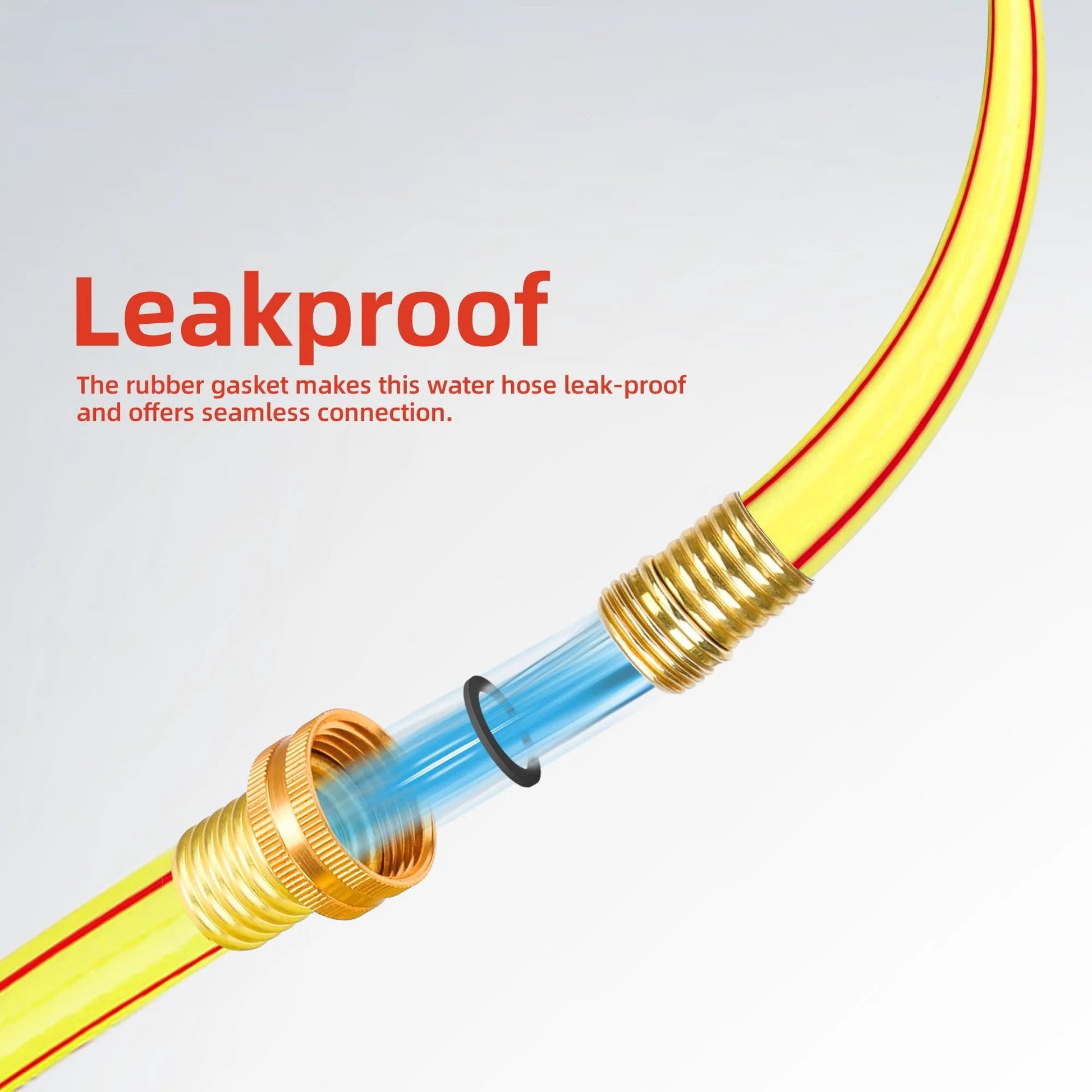 Close-up of a heavy duty short garden hose five eighth inch diameter, four foot length, lightweight flexible water pipe with brass fittings.