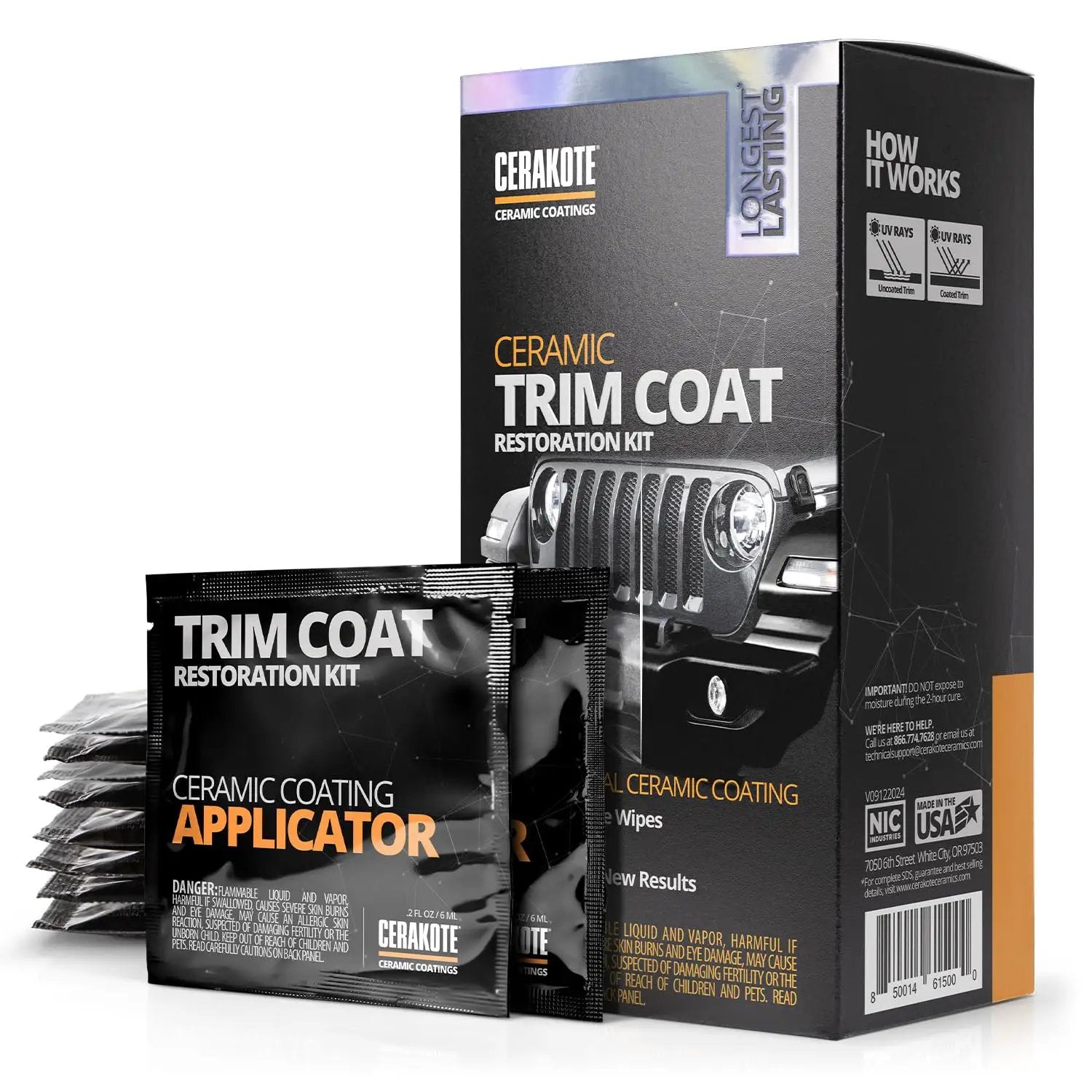 Ceramic Trim Coat Kit For Plastic Restoration That Cures On Plastics, Delivers UV Protection, 200 Plus Wash Durability, A True Ceramic Coating Not A Dressing, Cerakote Brand in box with applicator wipes.