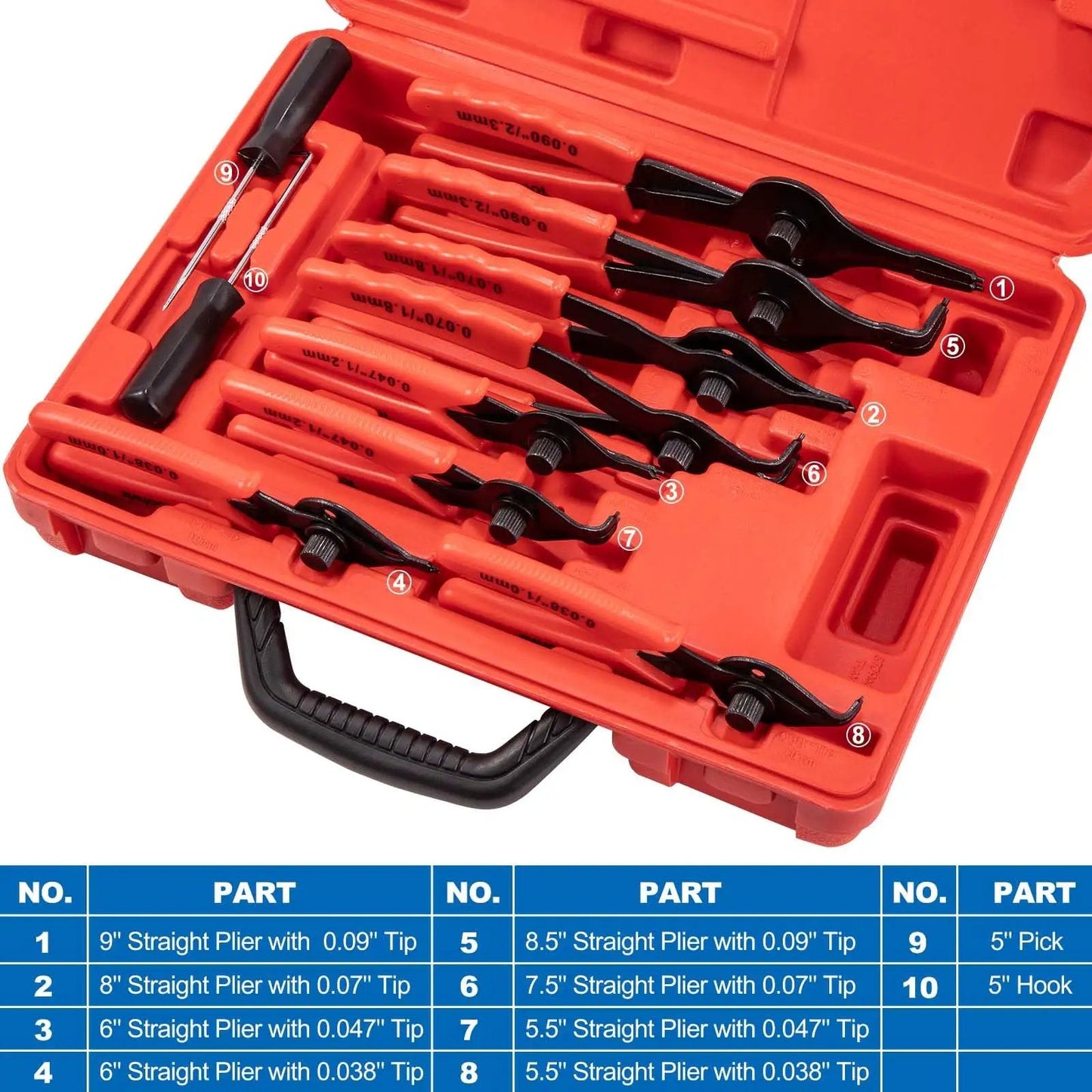 Snap Ring Pliers Set 10 Piece Kit For Internal And External Retaining Rings With Bent And Straight Tips Heavy Duty Automotive Tools Include Pick And Storage Case