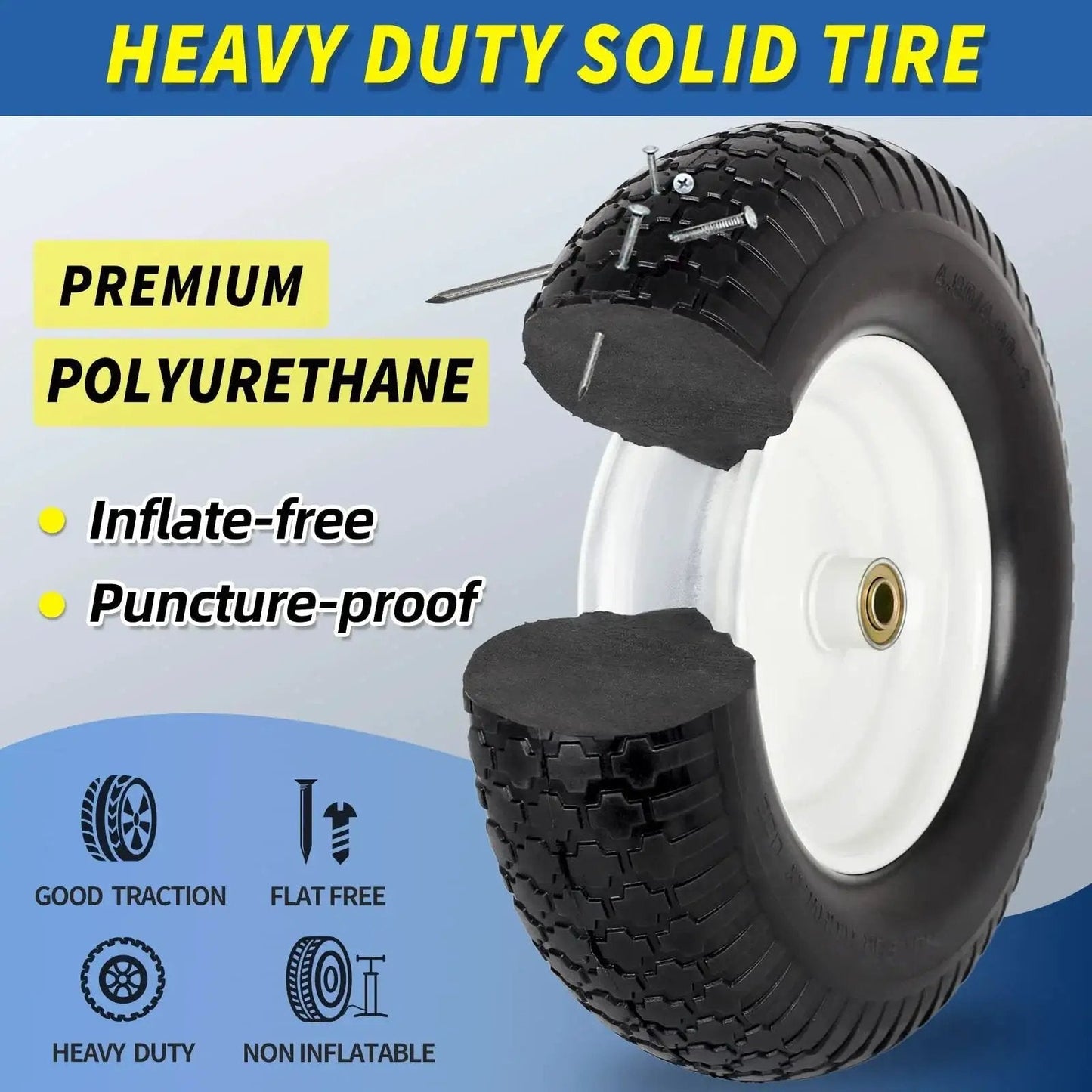 16 Inch Flat Free Solid Tire And Wheel for Garden Carts Wheelbarrows and Lawn Mowers with cut-out to show features