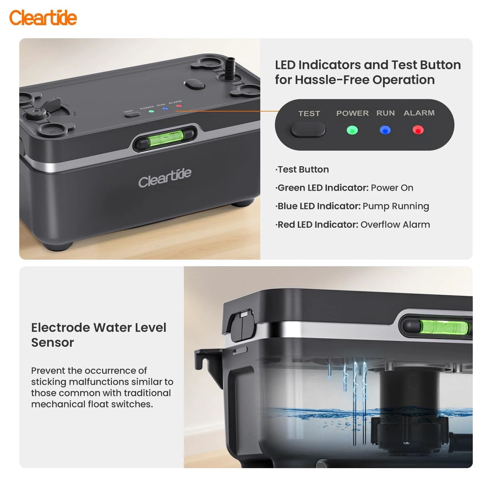 Super Quiet Condensate Pump For HVAC Systems With Safety Switch, 1/30 HP, 135 GPH Lift, 100-240V, LED indicators visible