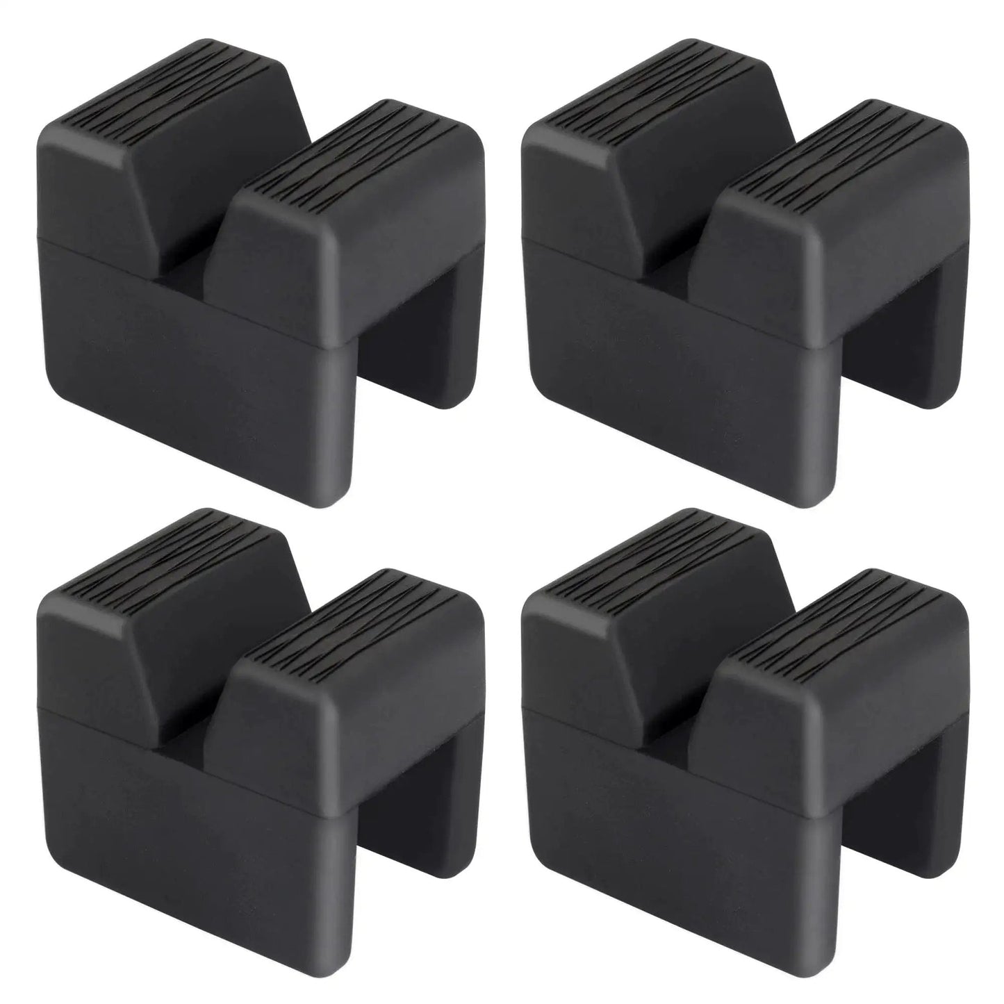 Four Pack Car Jack Pad Adapters For Jack Stands Rubber Slotted Frame Rails 3 Ton, black rubber showing slotted design.