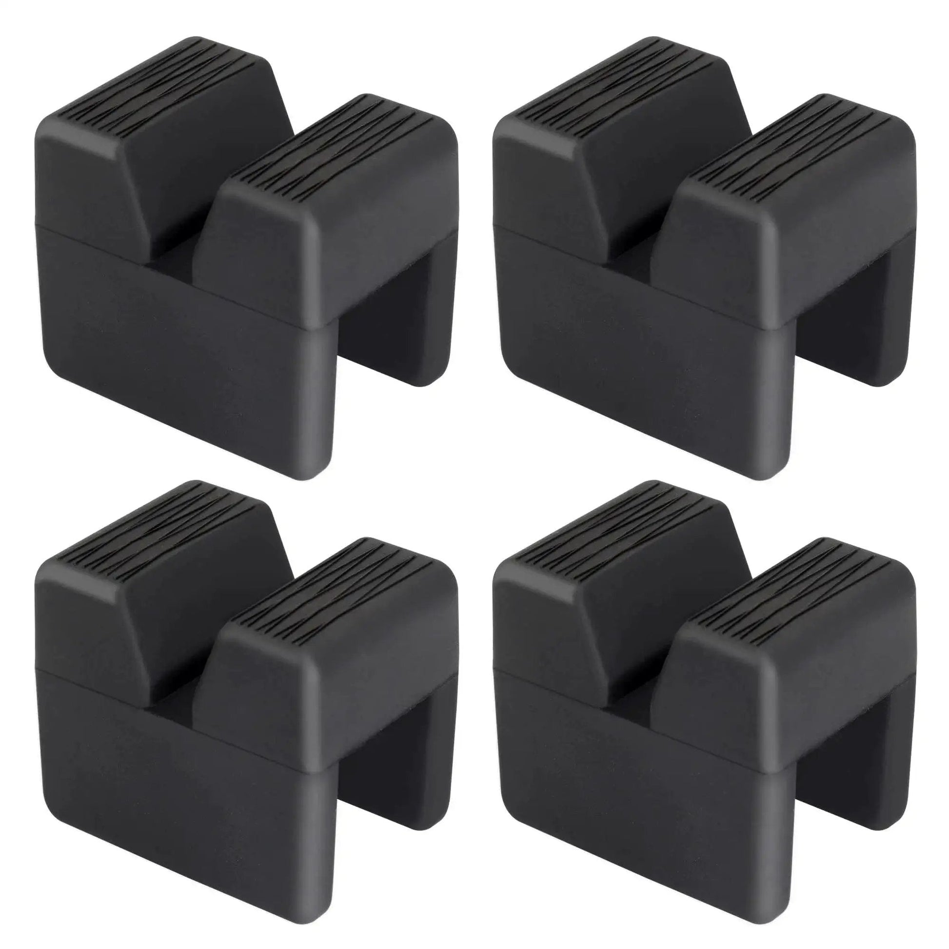 Four Pack Car Jack Pad Adapters For Jack Stands Rubber Slotted Frame Rails 3 Ton, black rubber showing slotted design.