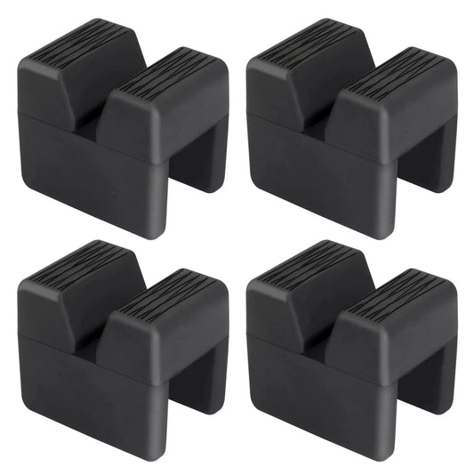 Four Pack Car Jack Pad Adapters For Jack Stands Rubber Slotted Frame Rails 3 Ton, black rubber showing slotted design.