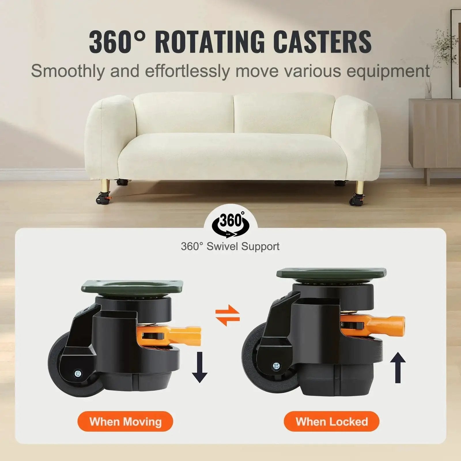 Leveling Casters Set Of 4 With Height Adjustable Handles, Heavy Duty 360 Degree Swivel Wheels, 2 Inch Diameter, 1100 Lb Total Load Capacity, Adjustable Feet For Workbenches And Machines, Smooth Rubber Pads For Stable Rides on sofa