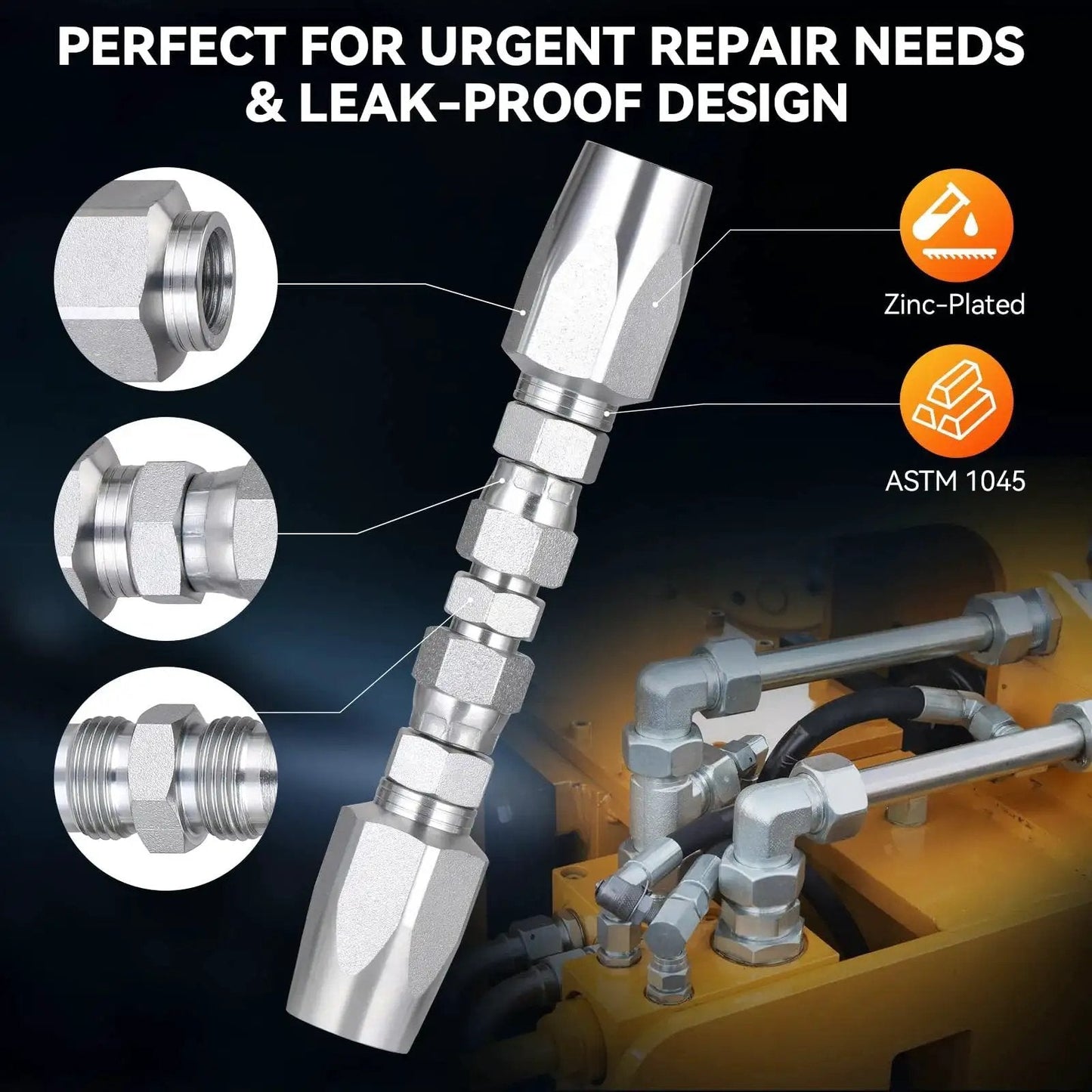 Hydraulic Hose Field Repair Kit With Three Diameters One Quarter Inch Three Eighths Inch And One Half Inch Inner Diameter Plus Six Small Repair Parts Reusable 08 R2 Two Wire Fittings Go To For R2 R16 R17 R19 2SN 2SC Hoses Up To Four Thousand PSI By shown with assembled connector and specifications.