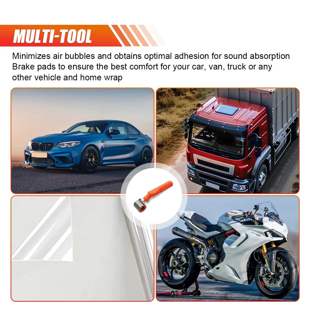Car Audio Sound Deadening Roller with Anti Slip Handle for Heat Mats Installation shown with vehicles and tools background