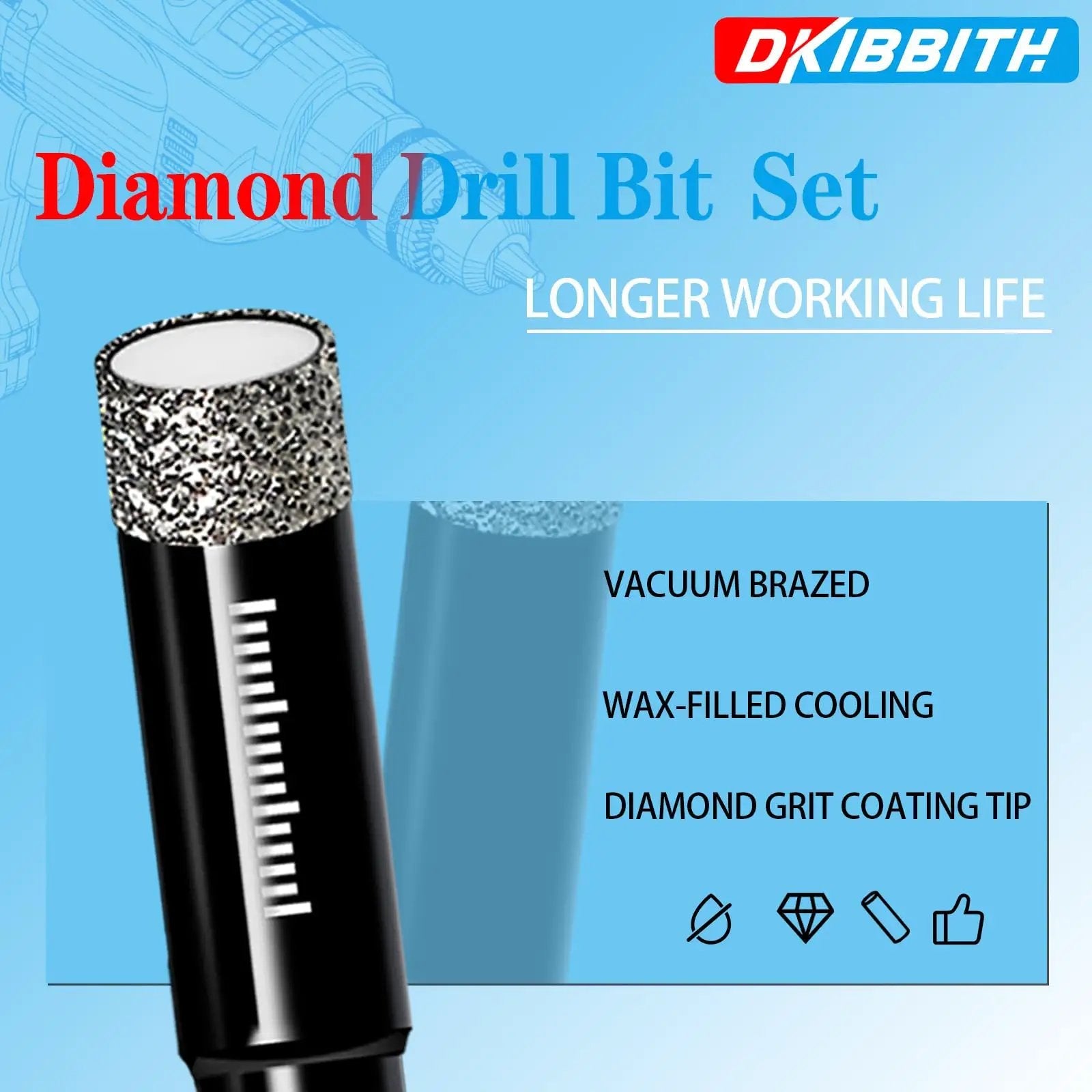 Seven Piece Diamond Drill Bit Set For Ceramic Porcelain Marble Granite And Glass With Dry Core Bits And Wax Lubricant
