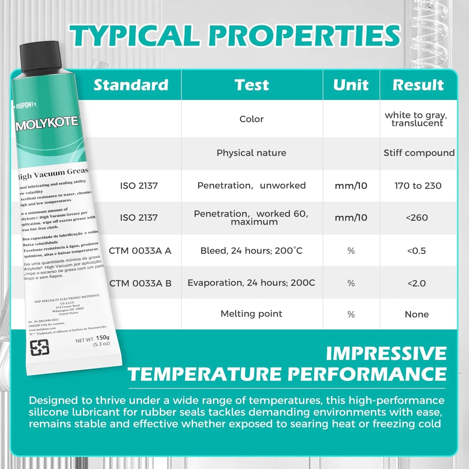 Pro Grade High Vacuum Silicone Grease 150g Tube For Vacuum And Pressure Systems Rubber Elastomer Lubrication Valves Seals O Rings Water And Chemical Resistant Wide Temperature Range Nonmelting NLGI 3-4 tube next to properties chart.