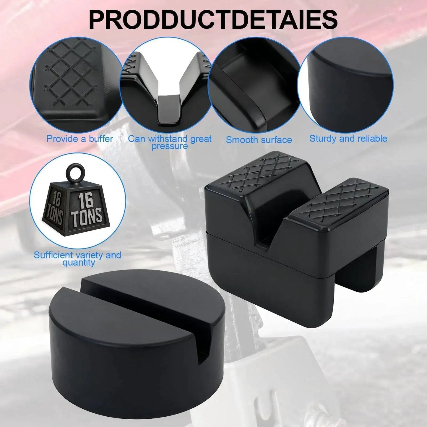 Universal Rubber Jack Stand Pads And Adapters For Pinch Weld Frame Rails 4 Pack featuring black rubber pads with grooves and load capacity.