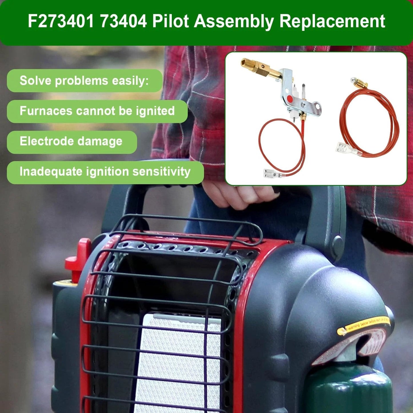 Exact Fit Pilot Assembly Direct Replacement For Mr Heater Portable Buddy MH9B MH9BX And DeWalt 78422 in use on heater