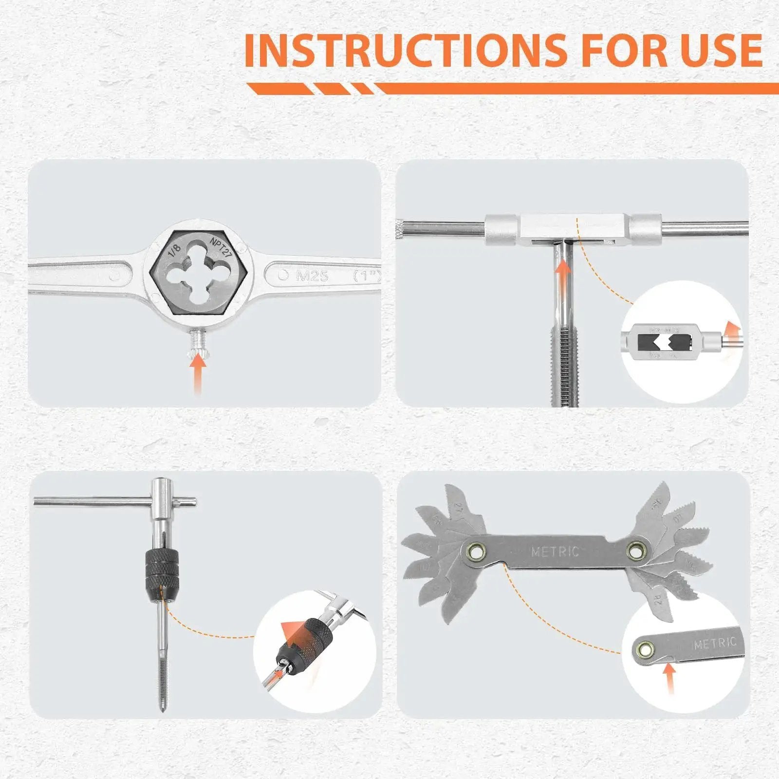 Instructions for using 40 Piece Metric Tap And Die Set With Coarse And Fine Threads M3 Through M12 Includes Handles Accessories And Case Pro Grade GCr15 Bearing Steel And Precision CNC Machined Teeth For Reliable Thread Repair And Maintenance, showing various operational steps with tools.