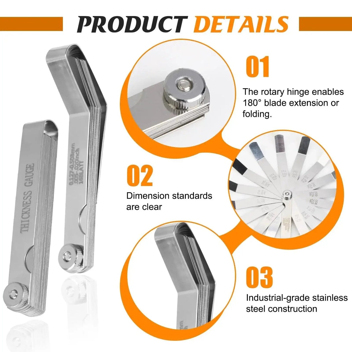 Stainless Steel Feeler Gauge Set With 48 Blades Two Piece Kit Including 16 Angled And 32 Straight Blades Copper Plates Laser Etched