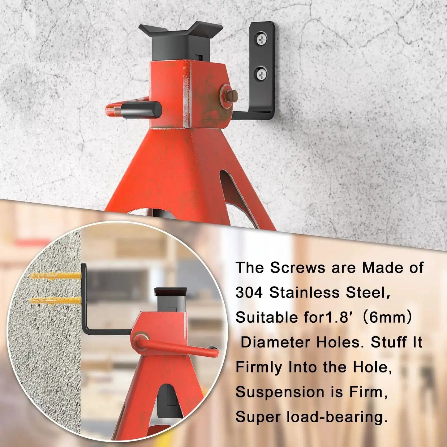 Jack Stands Wall Mount Organizer For Heavy Duty Garage Hooks Fits 2 To 6 Ton installed on wall with jack stand