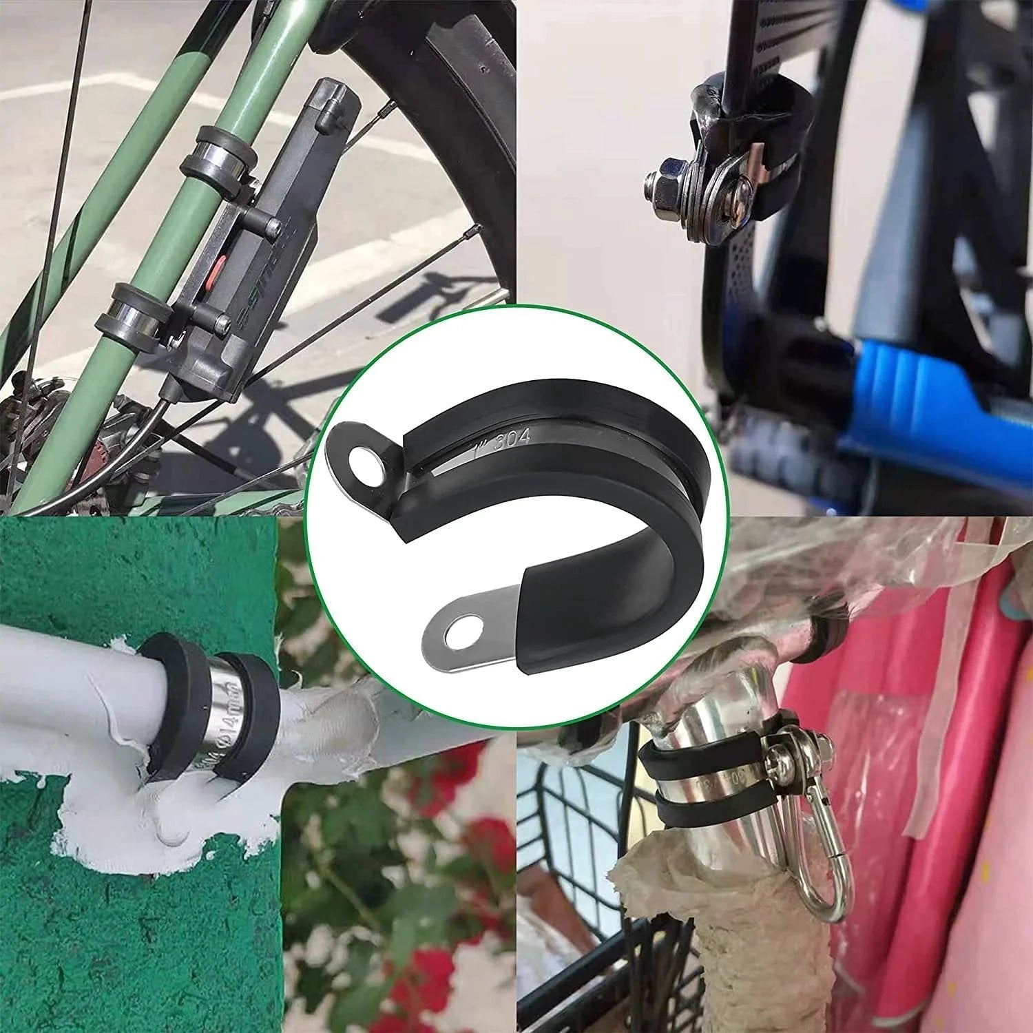 110 Piece Stainless Steel Cable Clamps Set With 10 Sizes From One Quarter Inch To One And Three Quarters Inch Cushioned Rubber Coated Insulated Clamps For Automotive Wiring Pipe And Home Projects DIY Friendly OURU, shown in various installations on pipes and bike frames.