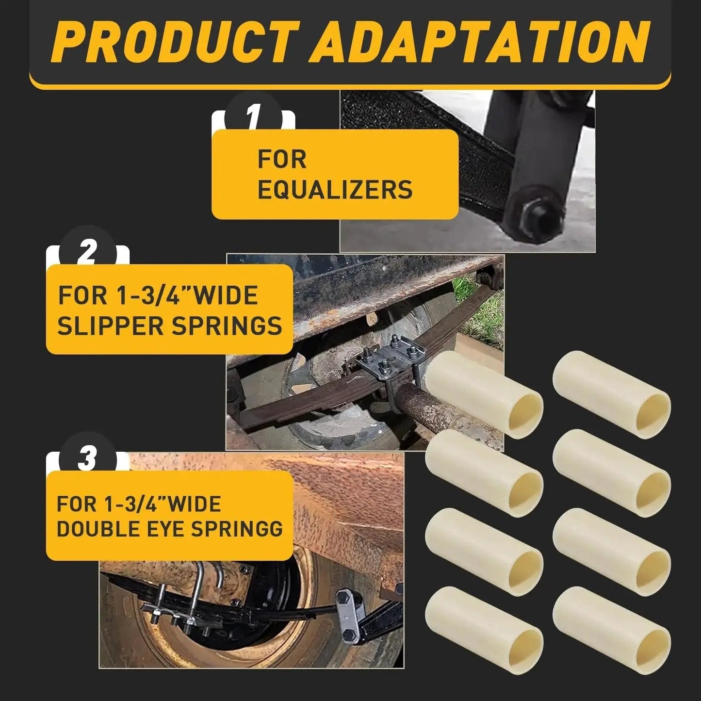 Nylon Trailer Leaf Spring Bushings 9 16 Inch ID And 1 3 4 Inch Outer Diameter Universal Fit Eight Pack For Slipper Trailer Leaf Springs And Equalizers Graphite Impregnated Durable Nylon Corrosion Resistant product adaptation uses for equalizers and springs.