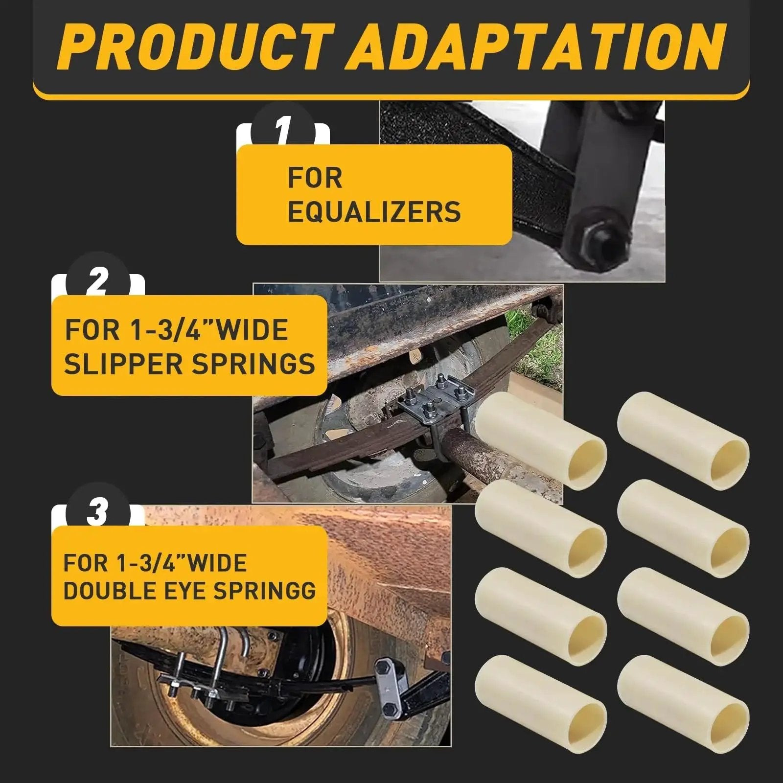 Nylon Trailer Leaf Spring Bushings 9 16 Inch ID And 1 3 4 Inch Outer Diameter Universal Fit Eight Pack For Slipper Trailer Leaf Springs And Equalizers Graphite Impregnated Durable Nylon Corrosion Resistant product adaptation uses for equalizers and springs.
