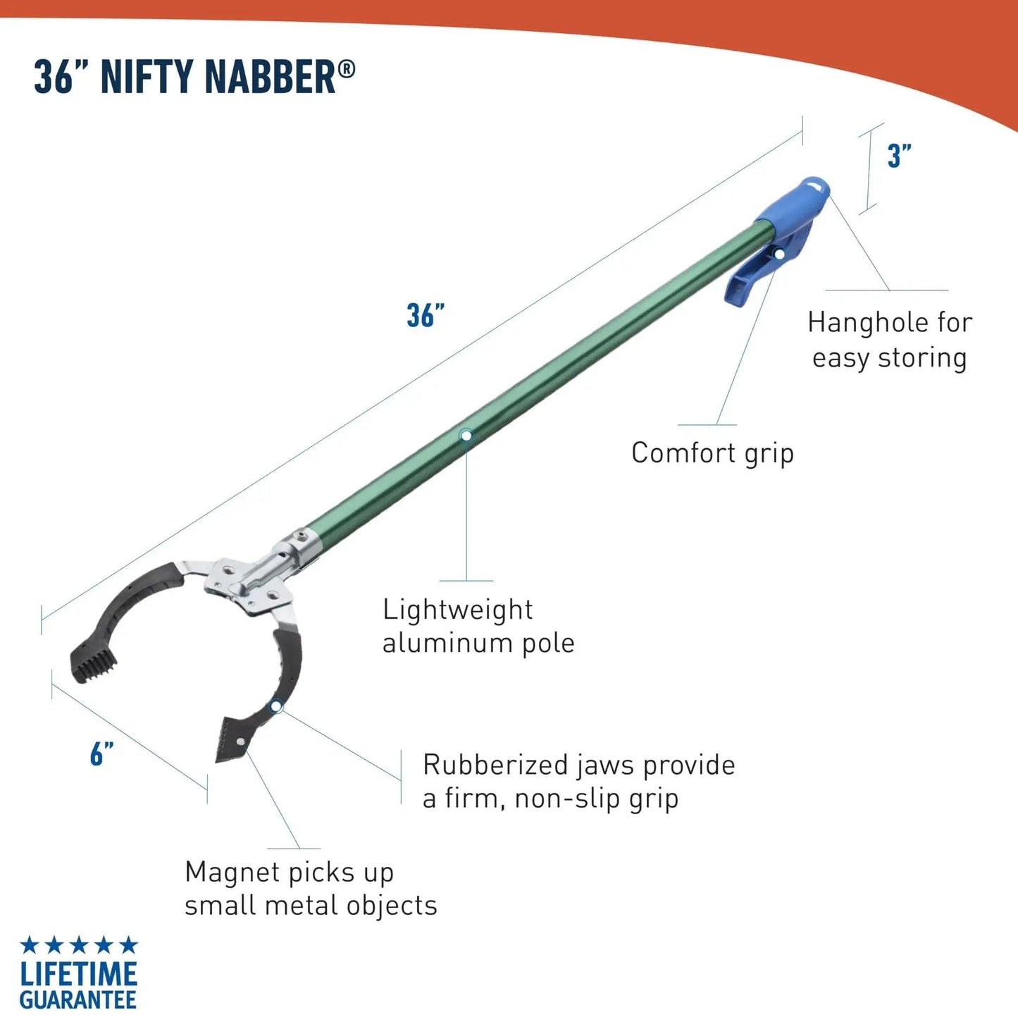 36 Inch Nifty Nabber Reacher Grabber Tool For Easy Yard Cleanup And Trash Pickup With Built In Magnet And Ergonomic Grip Outdoor Claw Pickup For Seniors Mobility Aid And Hard To Reach Items Unger, featuring lightweight aluminum and rubberized jaws.