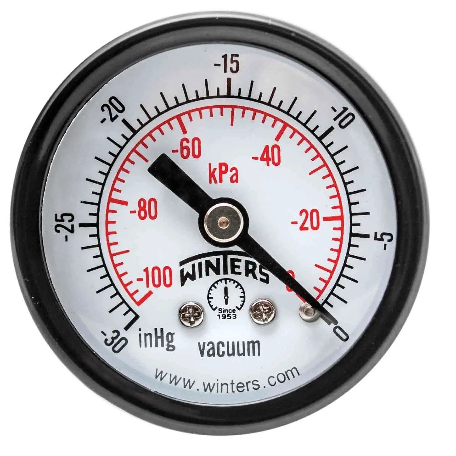 Front view of Budget Friendly One And One Half Inch Dial Dry Pressure Gauge With Brass Internals And Black Steel Case Dual Scale Psi And KPa And Hg Vacuum Readouts One Eighth Inch NPT Back Mount Three Two Three Percent Accuracy For Noncorrosive Liquids And Gases