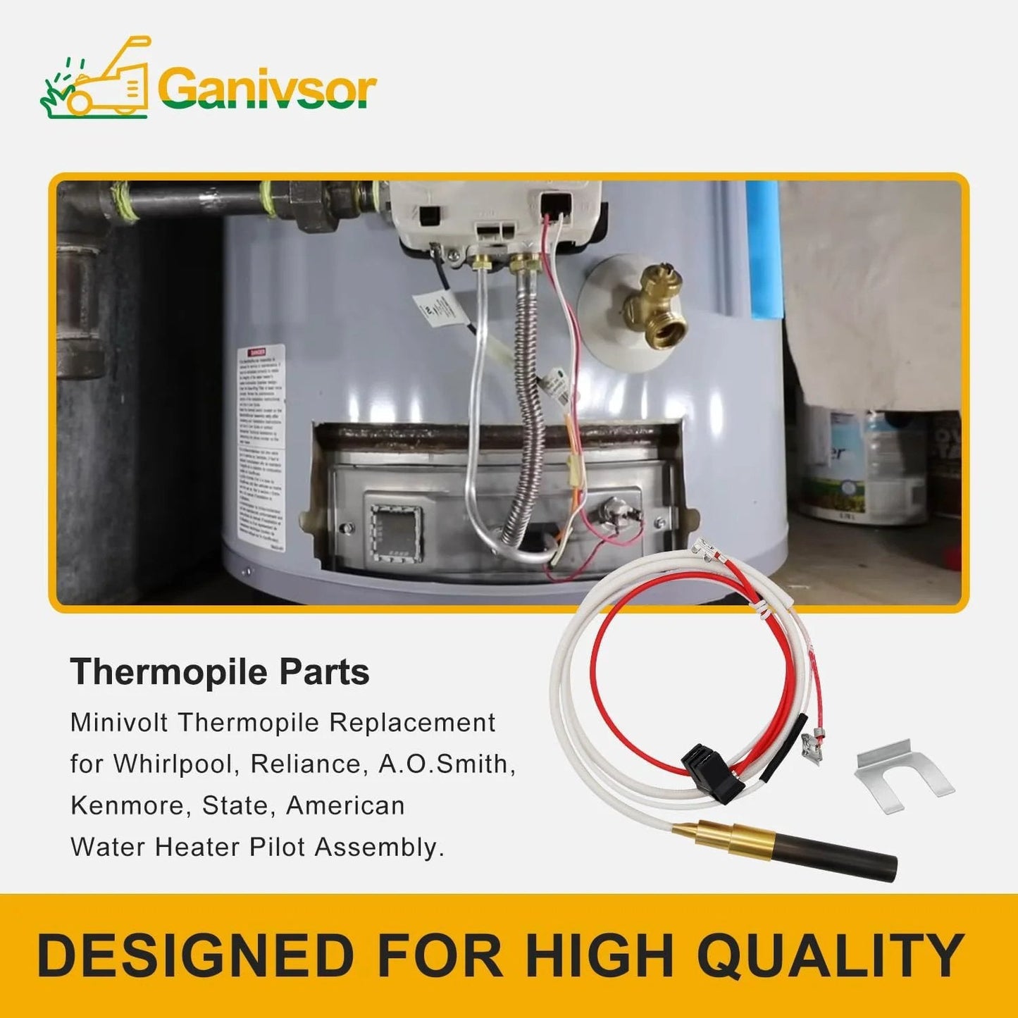 Minivolt Thermopile 100112330 Water Heater Replacement Part installed in a tank, compatible with Whirlpool, Reliance, Kenmore.