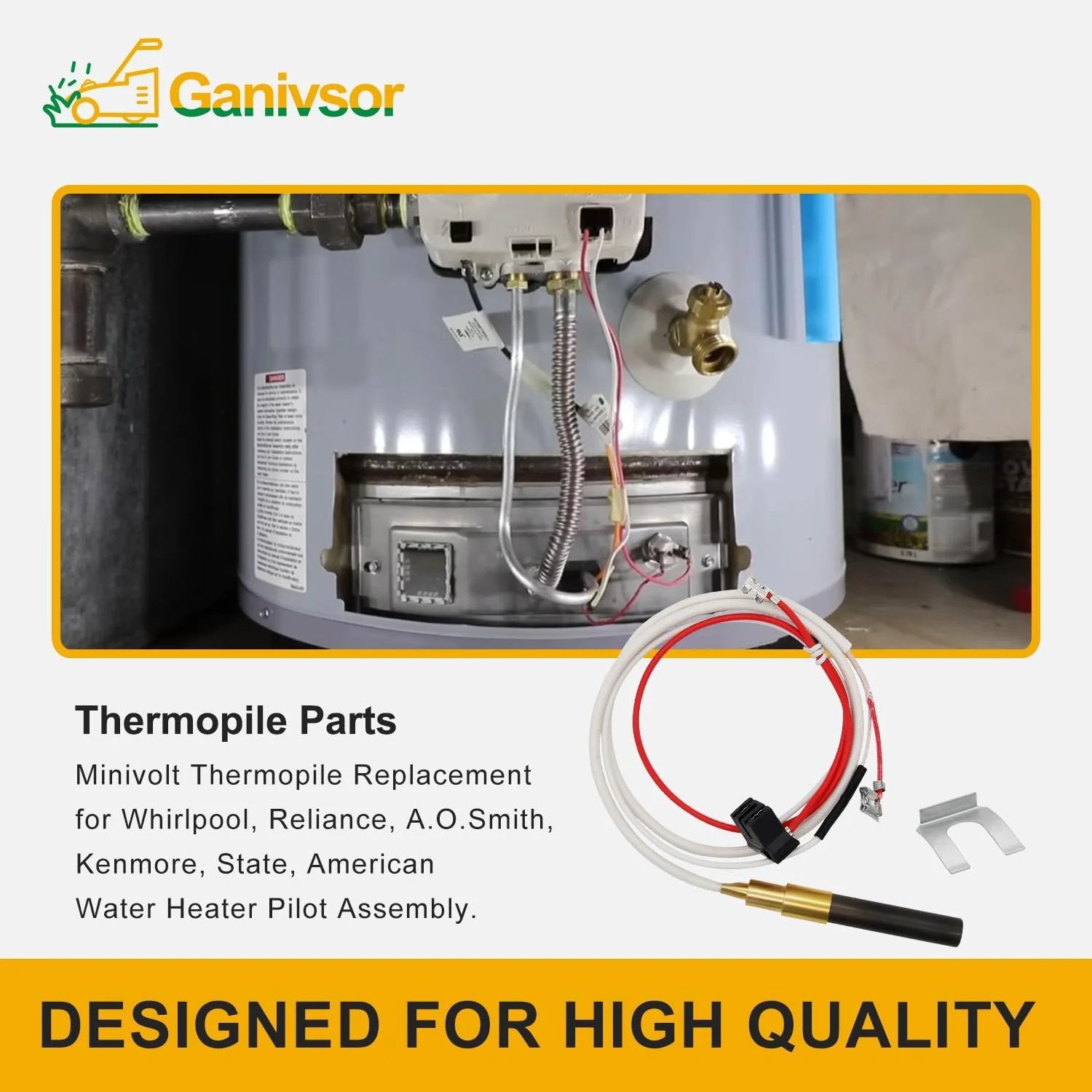Minivolt Thermopile 100112330 Water Heater Replacement Part installed in a tank, compatible with Whirlpool, Reliance, Kenmore.