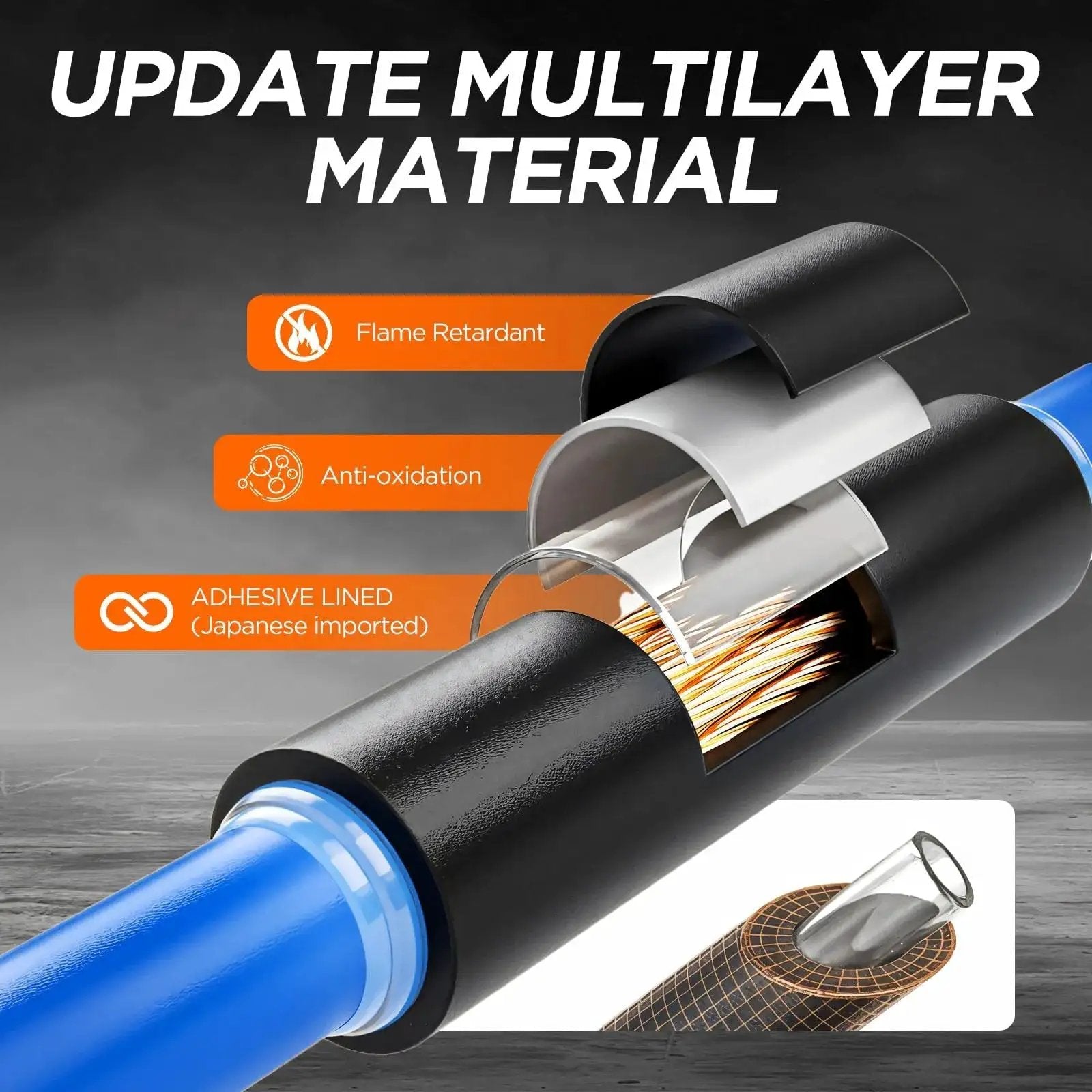 Cross-section view of blue wire with flame retardant, anti-oxidation, adhesive lined layers from 7 Size Heat Shrink Tubing Kit 4 To 1 Shrink Ratio Marine Grade Waterproof 54 Ft.