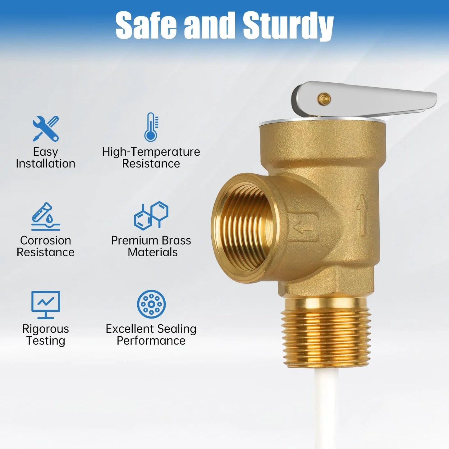 All Brass 3/4 Inch NPT Temperature and Pressure Relief Valve With Extension Probe and Lever shown with safety features diagram