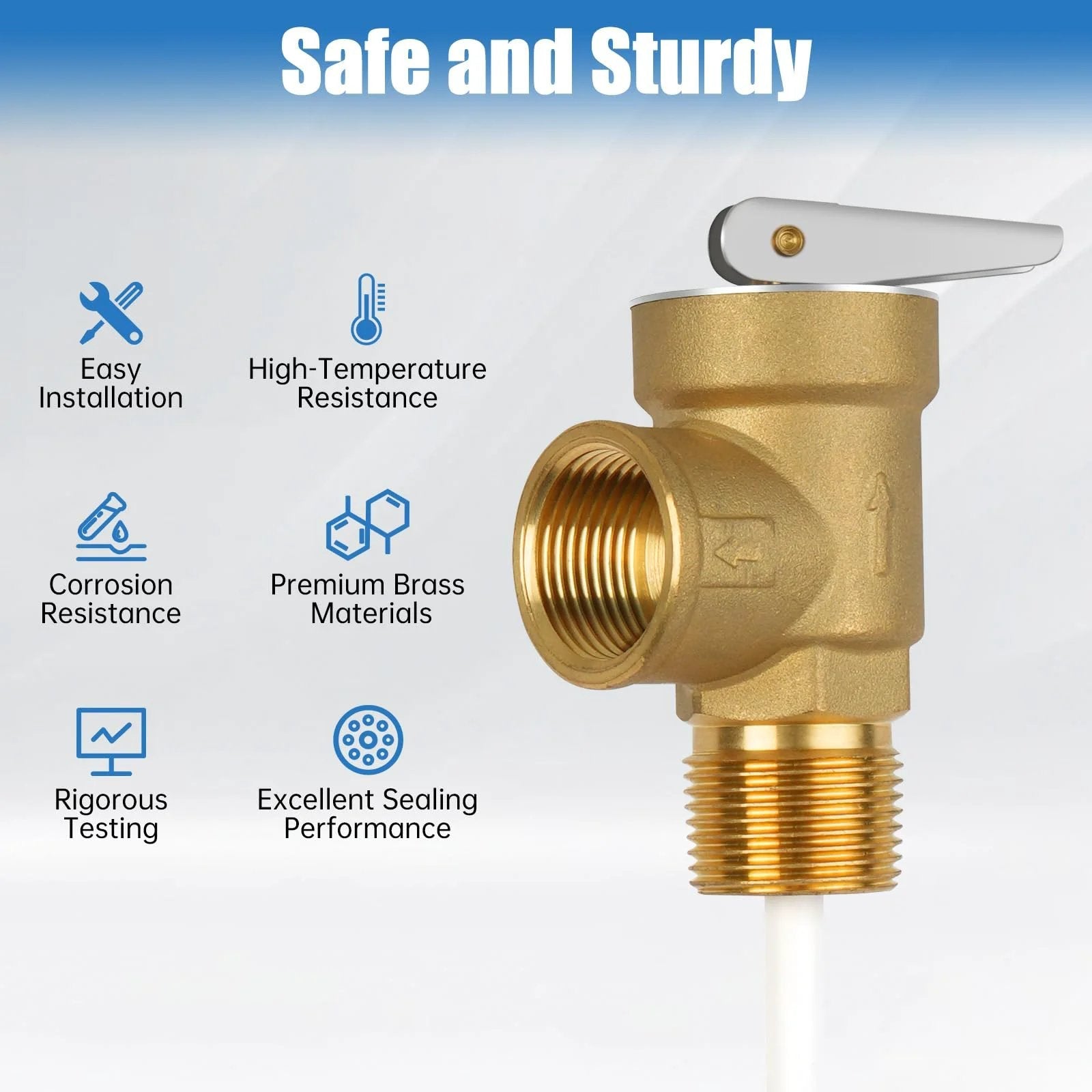 All Brass 3/4 Inch NPT Temperature and Pressure Relief Valve With Extension Probe and Lever shown with safety features diagram