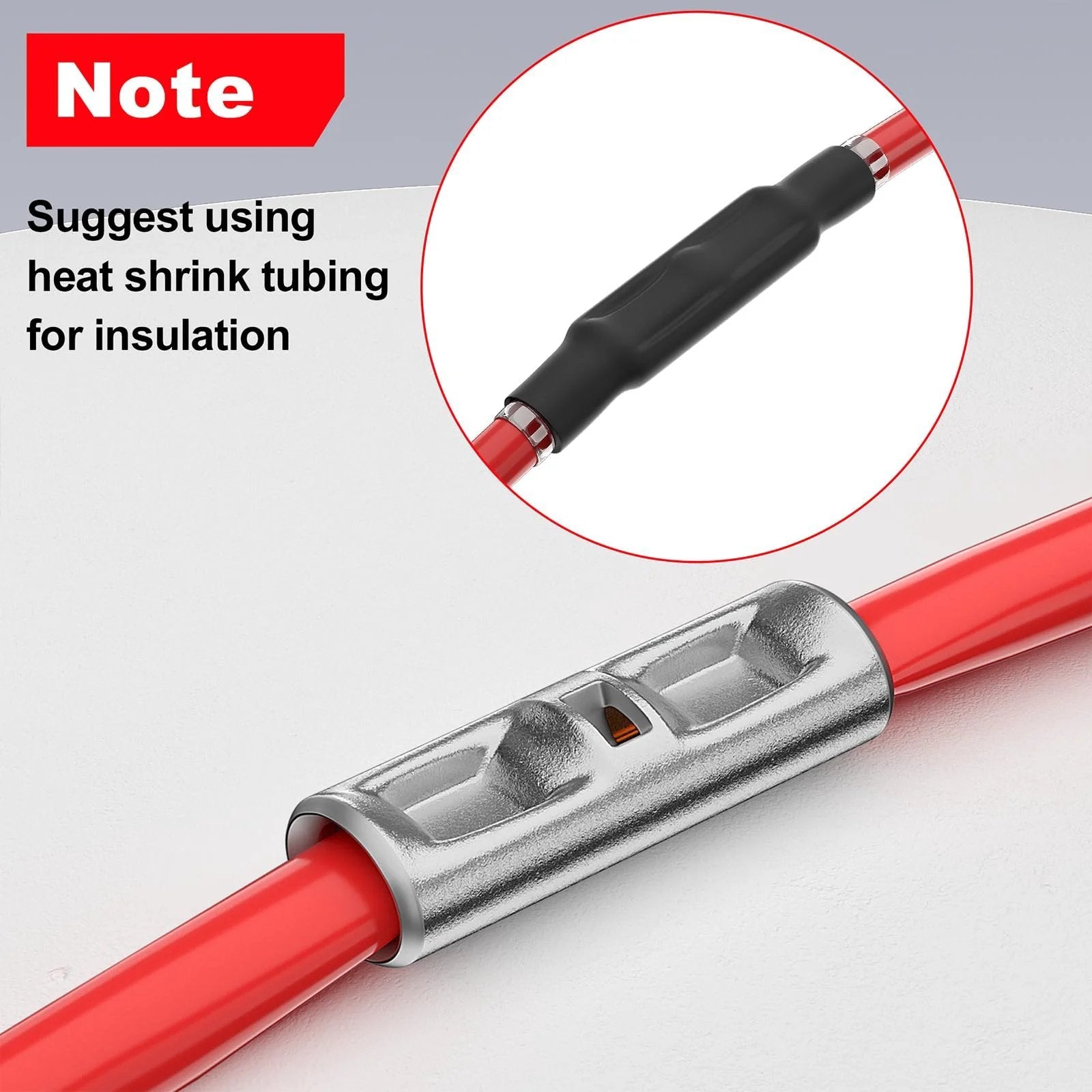 Non Insulated Butt Connectors for 22 to 16 AWG, 100 Pc Pack, Bare Copper Crimp Splice Terminals with red wire, insulation suggested