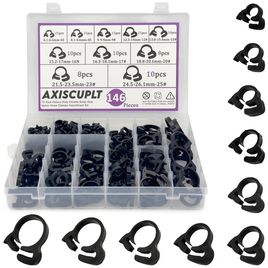 146 Piece Nylon Hose Clamp Set With Double Grip Ratcheting Clamps In 10 Sizes Ranging From 6.1 To 26.1 Mm In A Sturdy Plastic Storage Box POM Material Perfect Assortment Kit For Automotive And Household Tubing Sealing