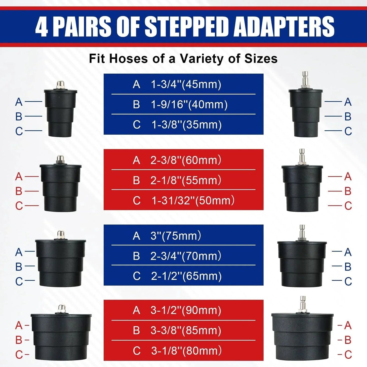 Diagram of 4 pairs of stepped adapters in various sizes for Pro Grade Turbo System Leak Tester Kit With 10 Piece Pressure Tester And Four Step Adapter Set For Turbocharger Emission Cooling And Exhaust Systems For Quick Precise Leak Detection And Restored Vehicle Performance NYXOVA.