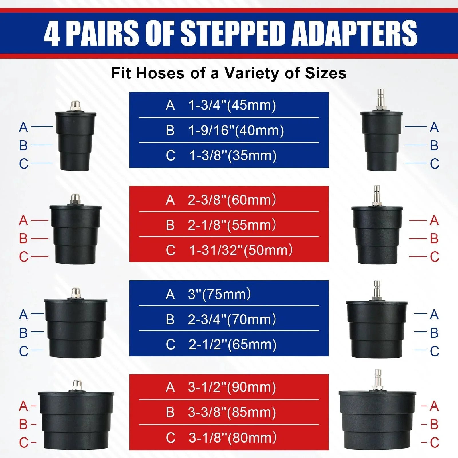 Diagram of 4 pairs of stepped adapters in various sizes for Pro Grade Turbo System Leak Tester Kit With 10 Piece Pressure Tester And Four Step Adapter Set For Turbocharger Emission Cooling And Exhaust Systems For Quick Precise Leak Detection And Restored Vehicle Performance NYXOVA.