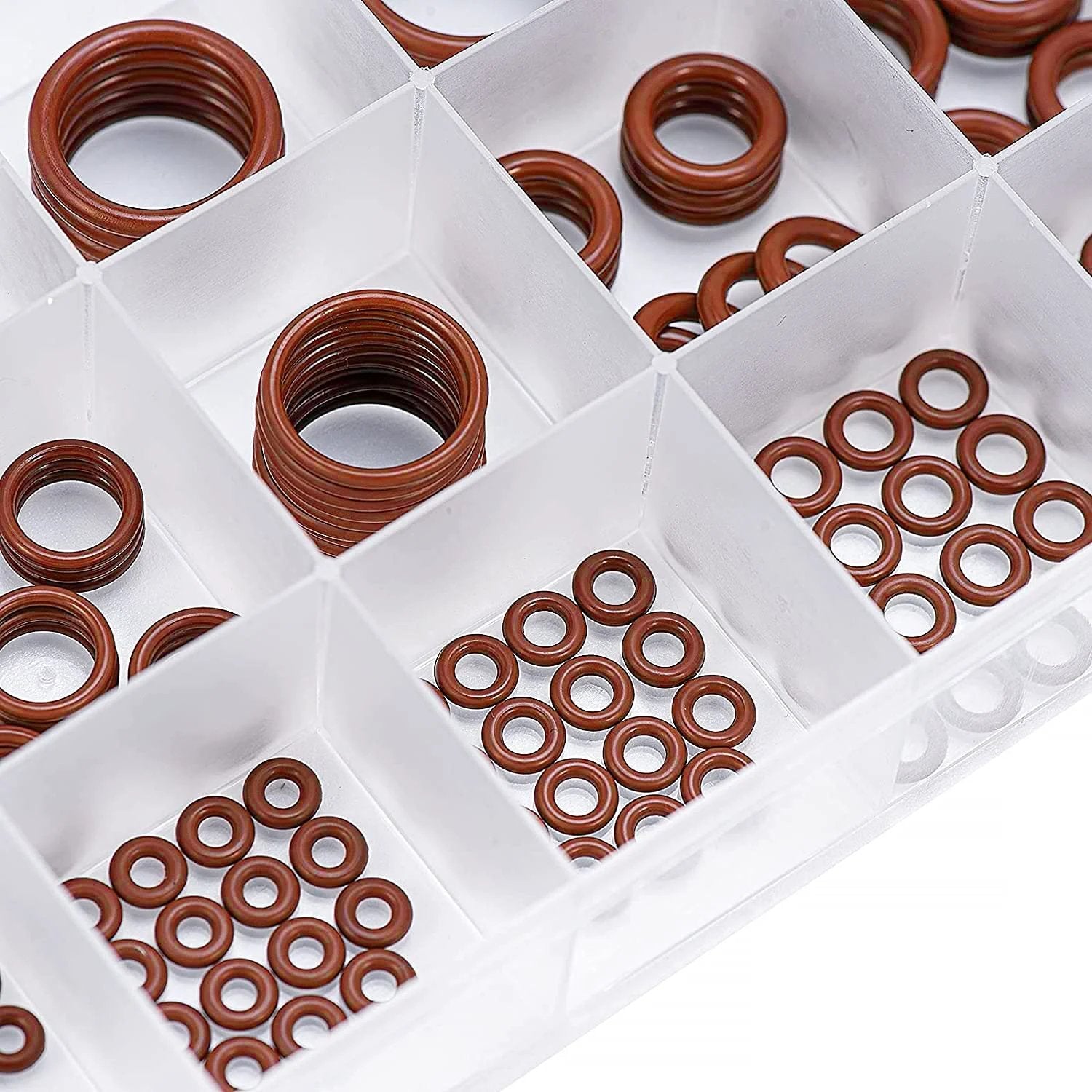Pro Grade FKM O Ring Kit With 185 Pieces Brown Fluorocarbon 75A Durometer in organized storage case showing various sizes and thicknesses