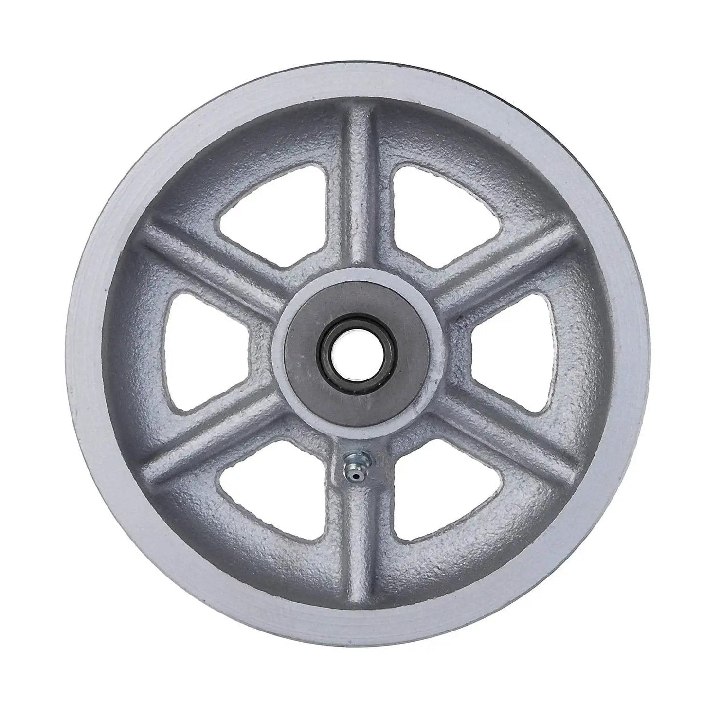 Front view of Built To Haul Heavy Duty 6 Inch Cast Iron V Groove Caster Wheel with Straight Roller Bearings in Silver Finish