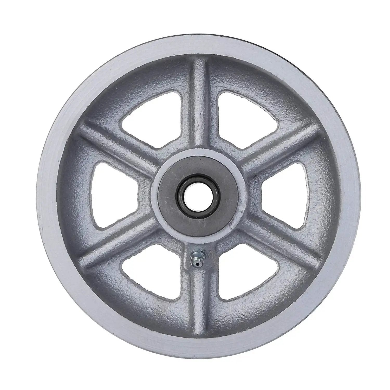 Front view of Built To Haul Heavy Duty 6 Inch Cast Iron V Groove Caster Wheel with Straight Roller Bearings in Silver Finish